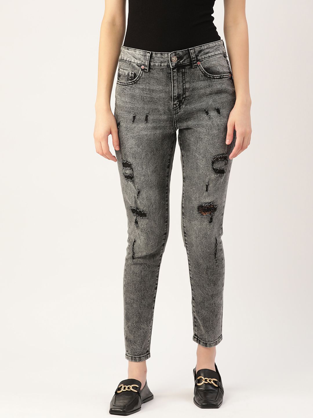 DressBerry Women Grey Skinny Fit Mildly Distressed Light Fade Stretchable Jeans Price in India