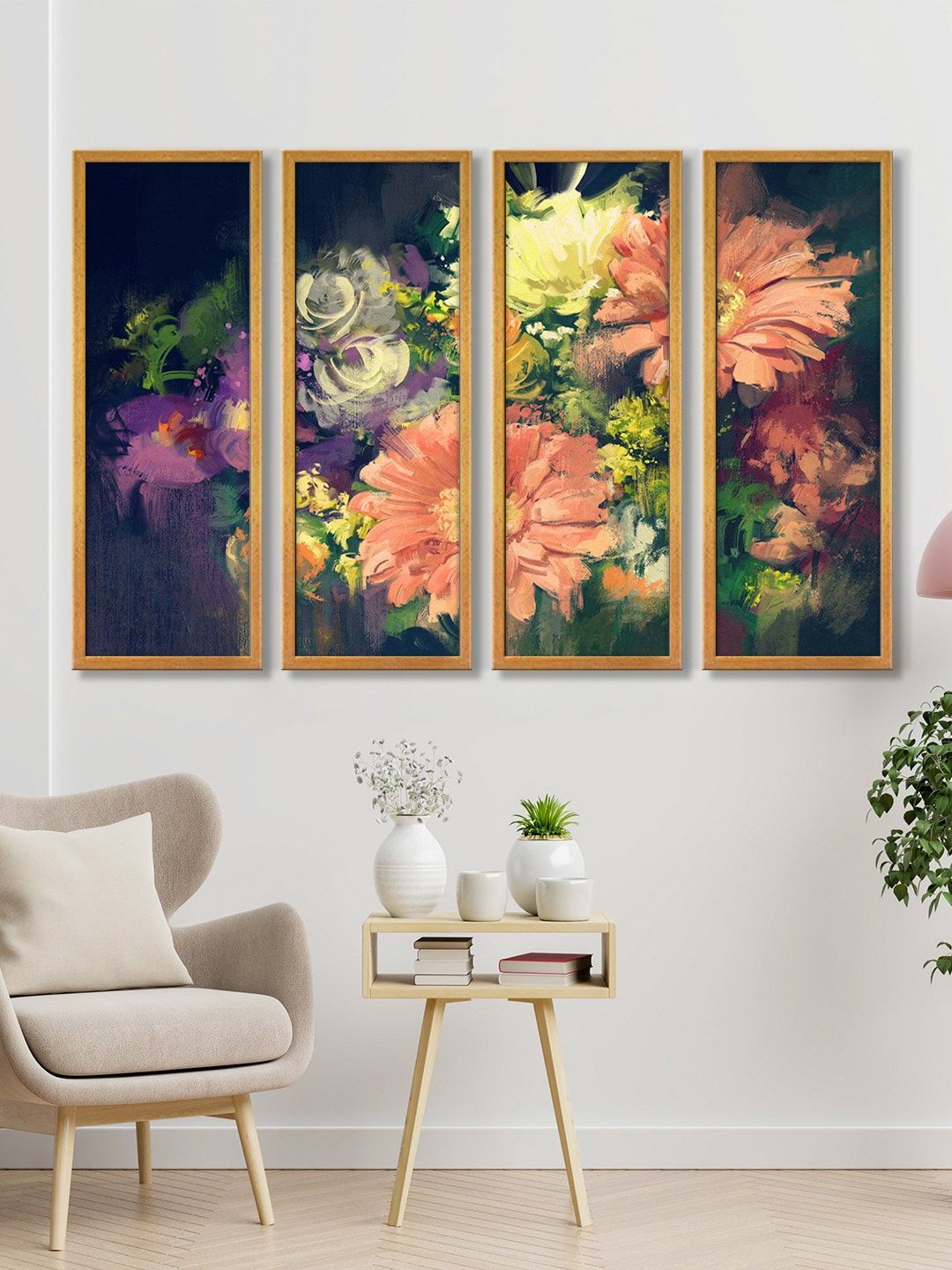 999Store Multicoloured Set of 4 Flower Art Panels Canvas Painting Price in India