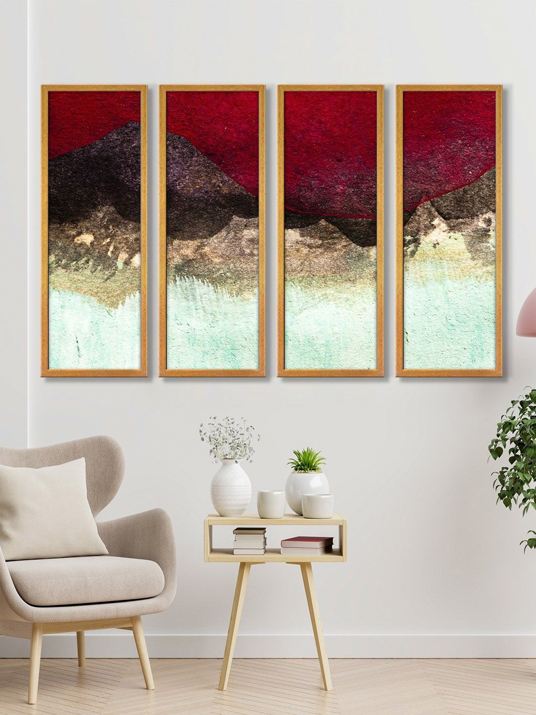 999Store Red & Brown Mountains Water Abstract Canvas Art Panels Painting Price in India