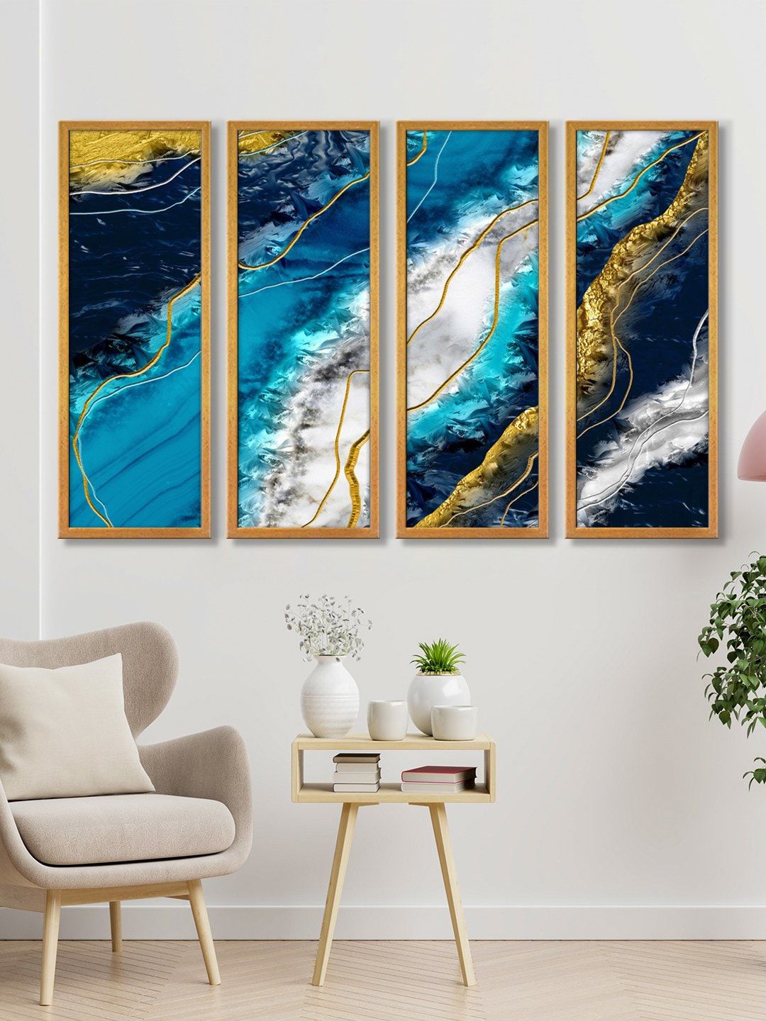 999Store Gold & Blue Abstract Wall Canvas Art Panels Price in India