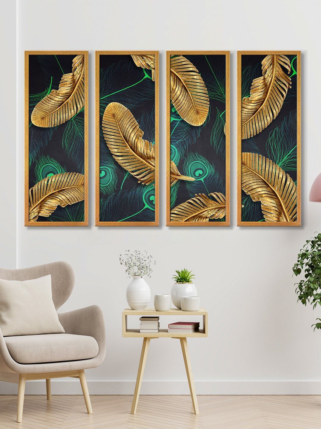 999Store Set of 4 Golden Leaves Feathers Canvas Art Wall Painting Price in India