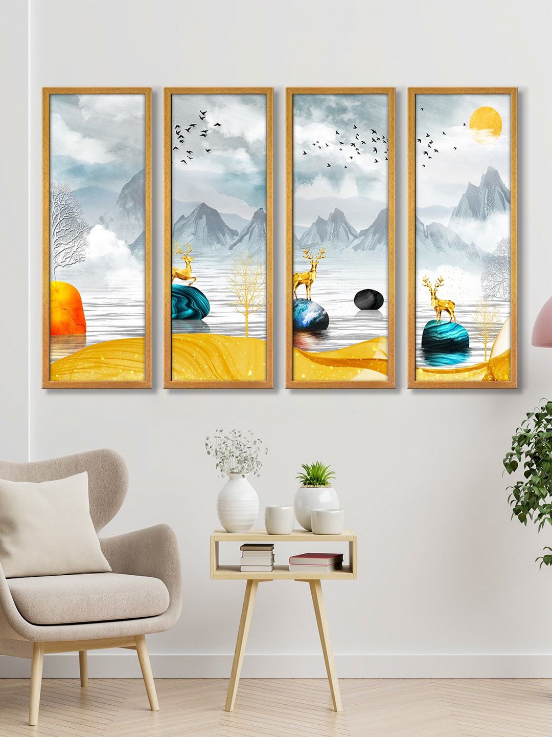 999Store Set Of 4 Grey & Yellow Mountain Jungle View Painting Framed Wall Art Price in India