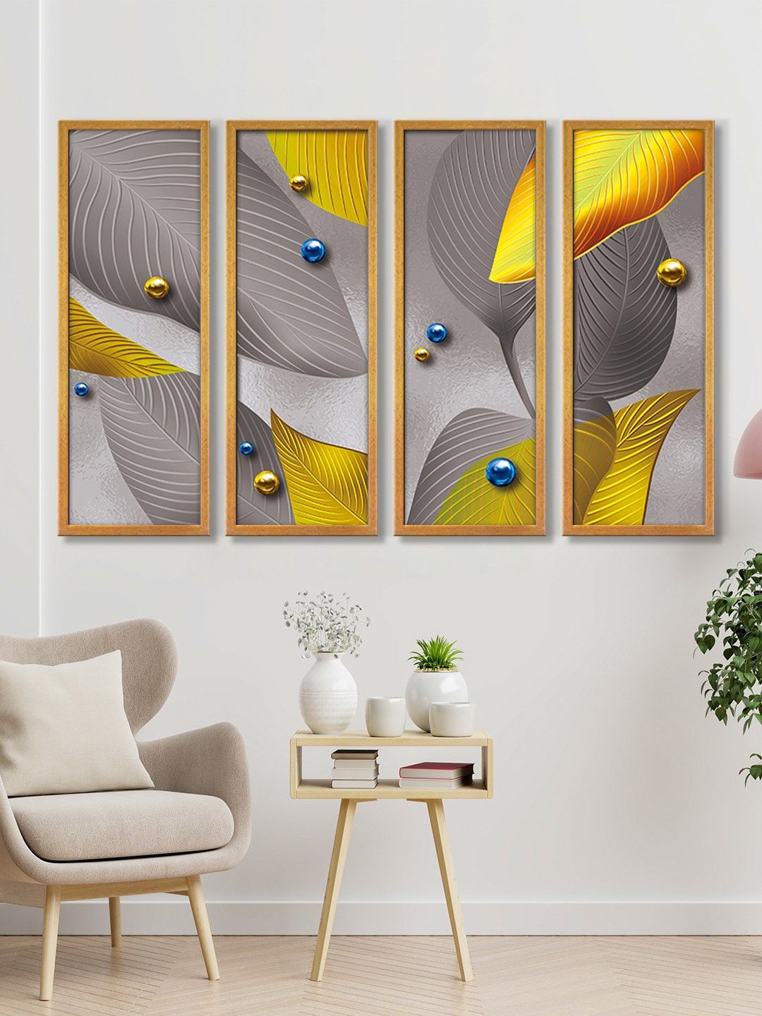 999Store Set of 3 Grey & Yellow Leaves Wall Art Canvas Painting Price in India