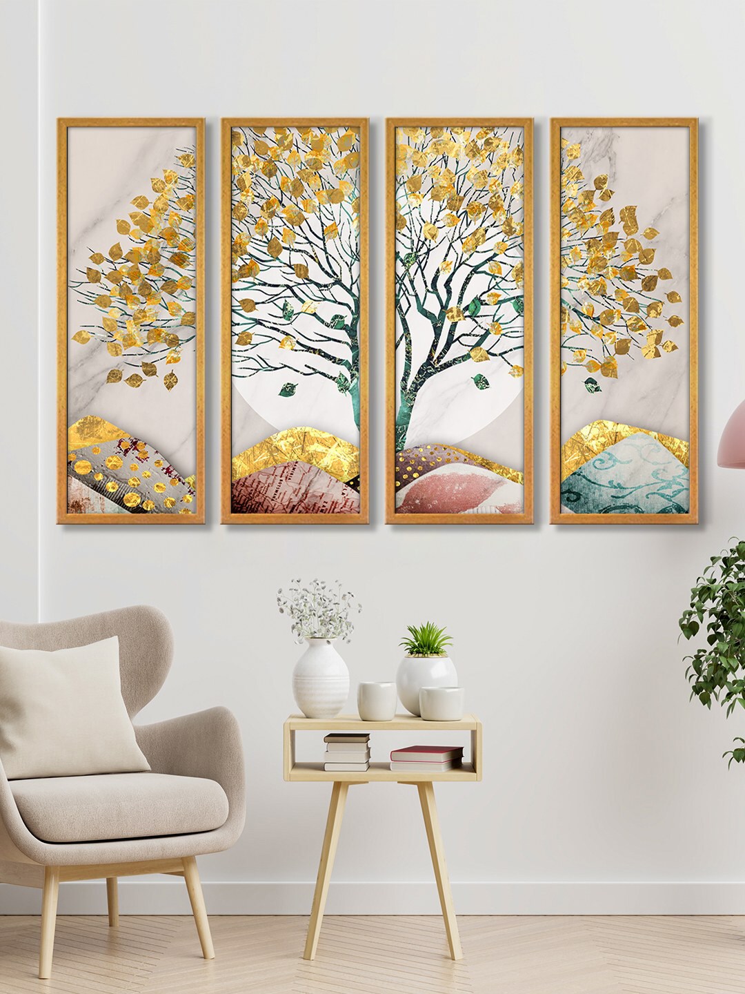 999Store Gold Set of 4 Tree With Stems Canvas Art Panels Price in India