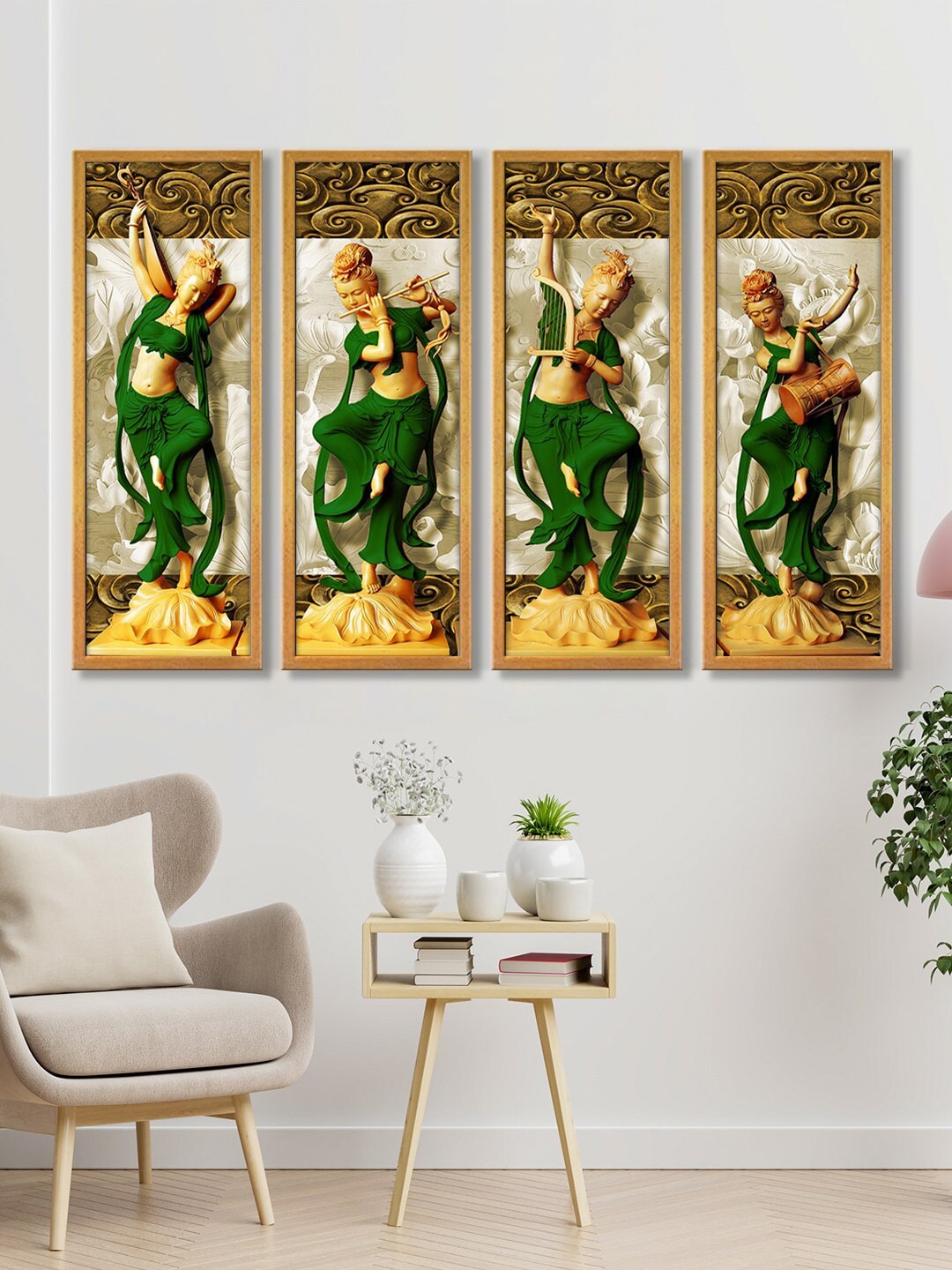 999Store Brown & Green Lady Dancing With Instruments Canvas Art Panels Price in India