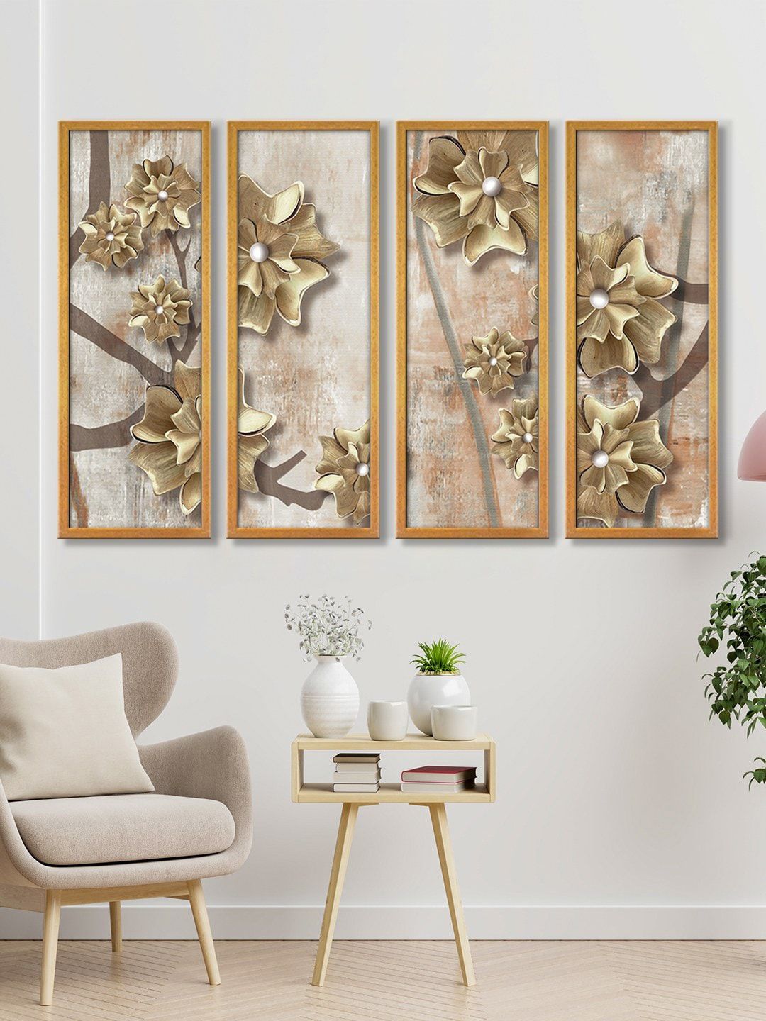 999Store Brown & Golden Flowers Abstract Wall Art Panels Price in India