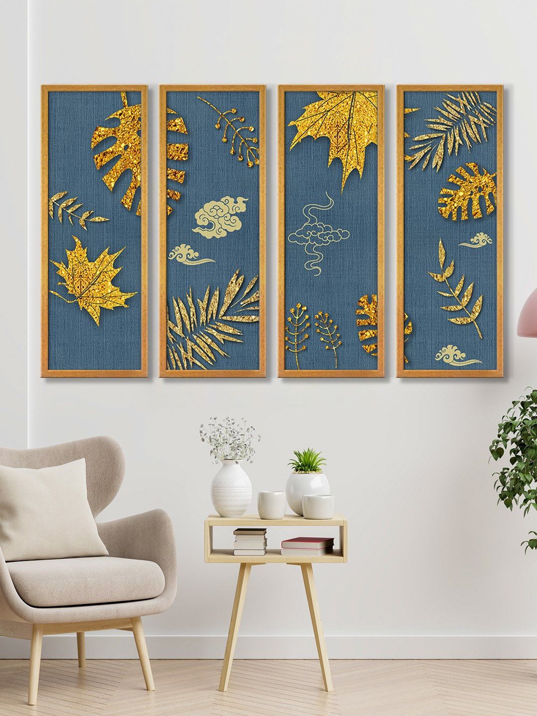 999Store Blue & Gold Set of 4 Leaves Wall Canvas Art Paintings Price in India