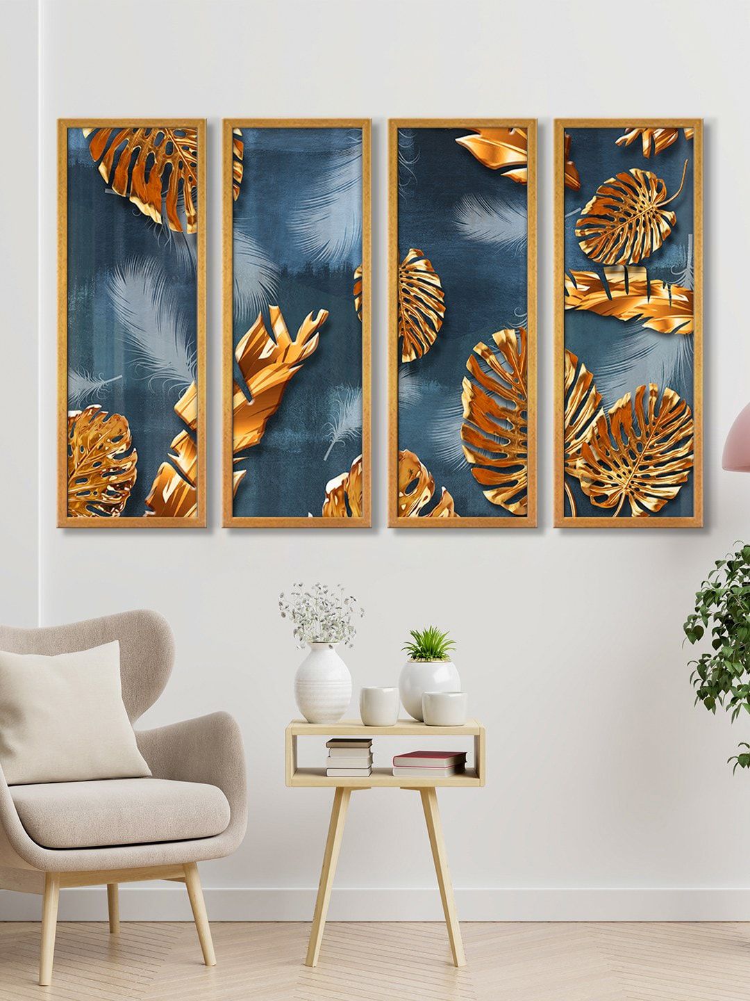 999Store Blue & Gold Set of 4 Big Leaves Wall Art Painting Price in India