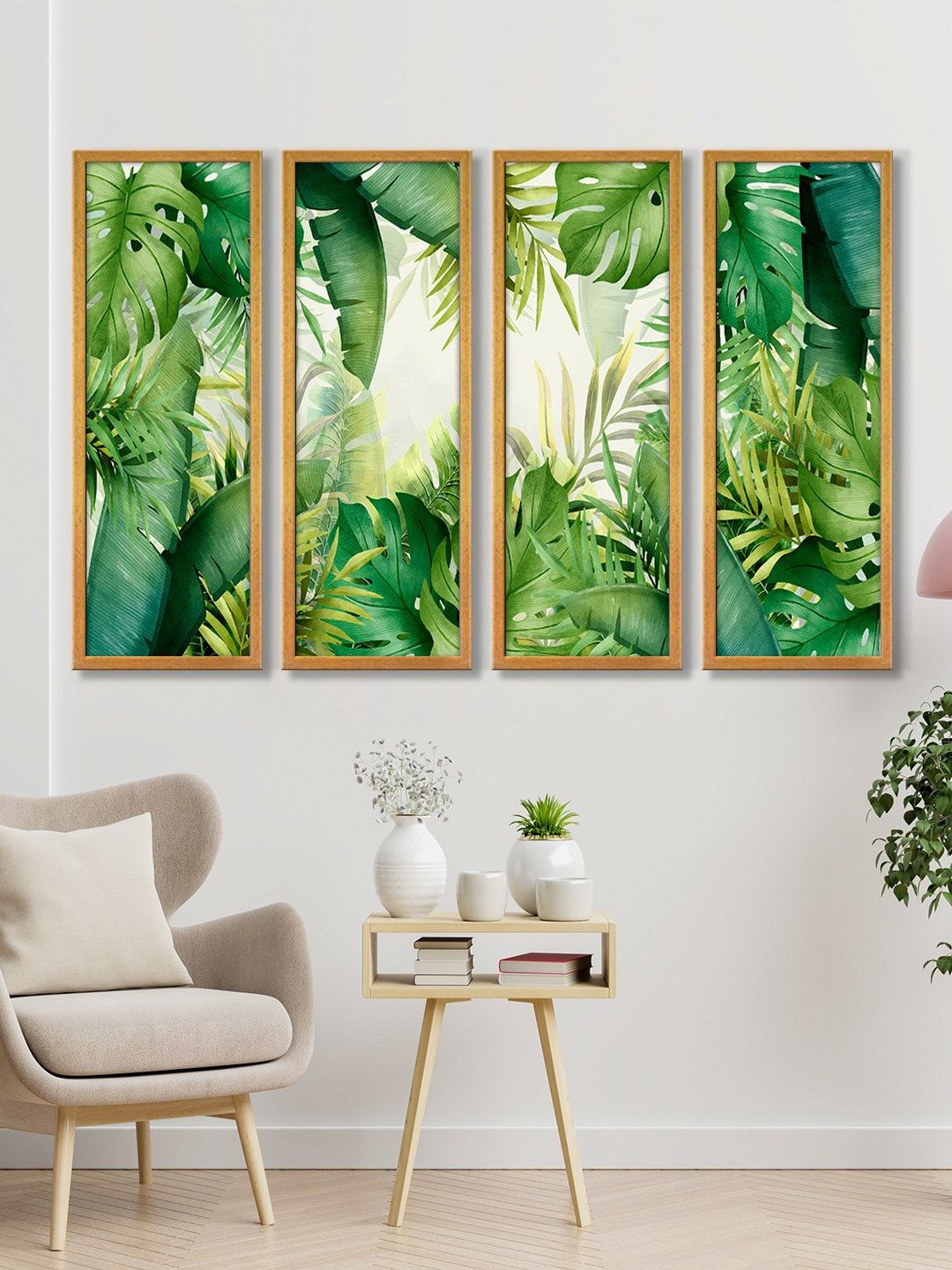 999Store Green Set of 4 Colourful Leaves Wall Hanging Canvas Panels Price in India