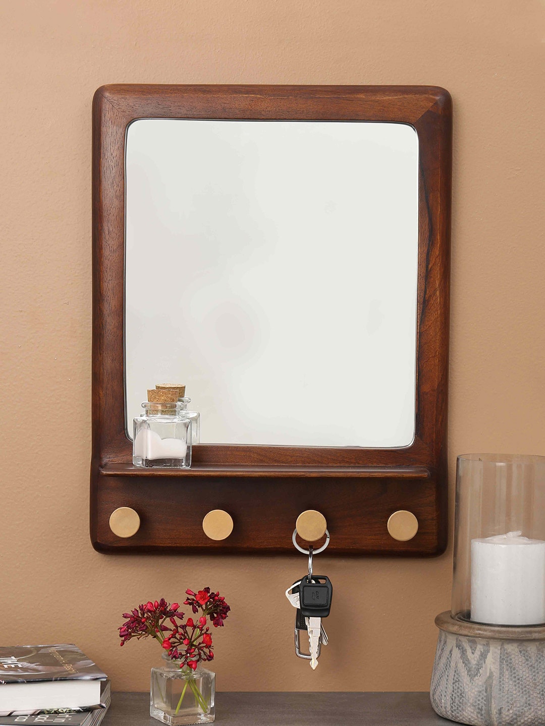 ellementry Brown Mirror with Shelf & Hooks Price in India