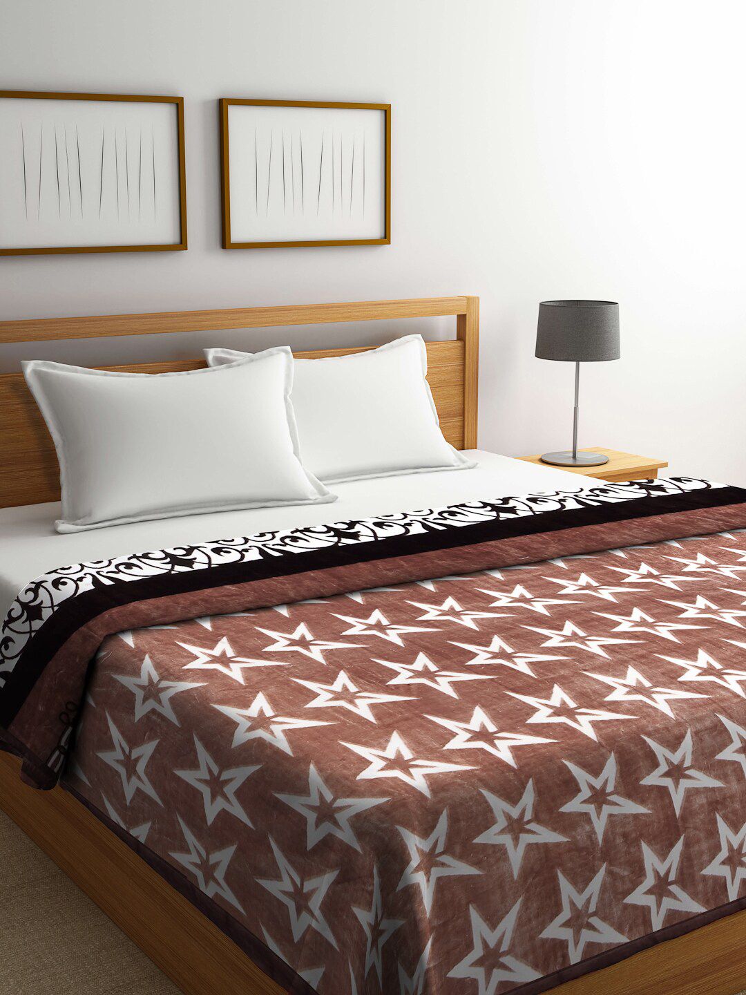 KLOTTHE Brown & White Geometric Heavy Winter Reversible 1000 GSM Double Bed Blanket Price in India