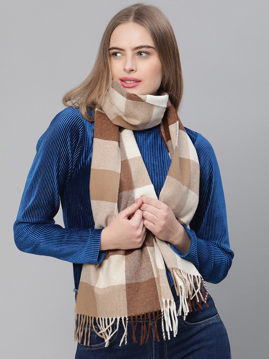 GANT Women Khaki & White Checked Wool Scarves Price in India