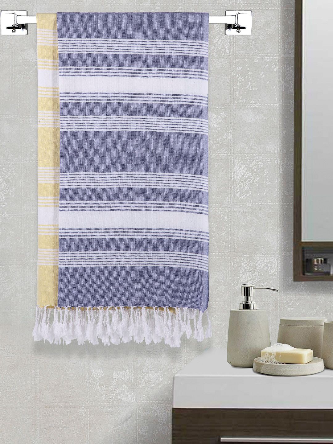 Arrabi Set Of 2 Yellow & Blue Striped 210 GSM Cotton Bath Towels Price in India