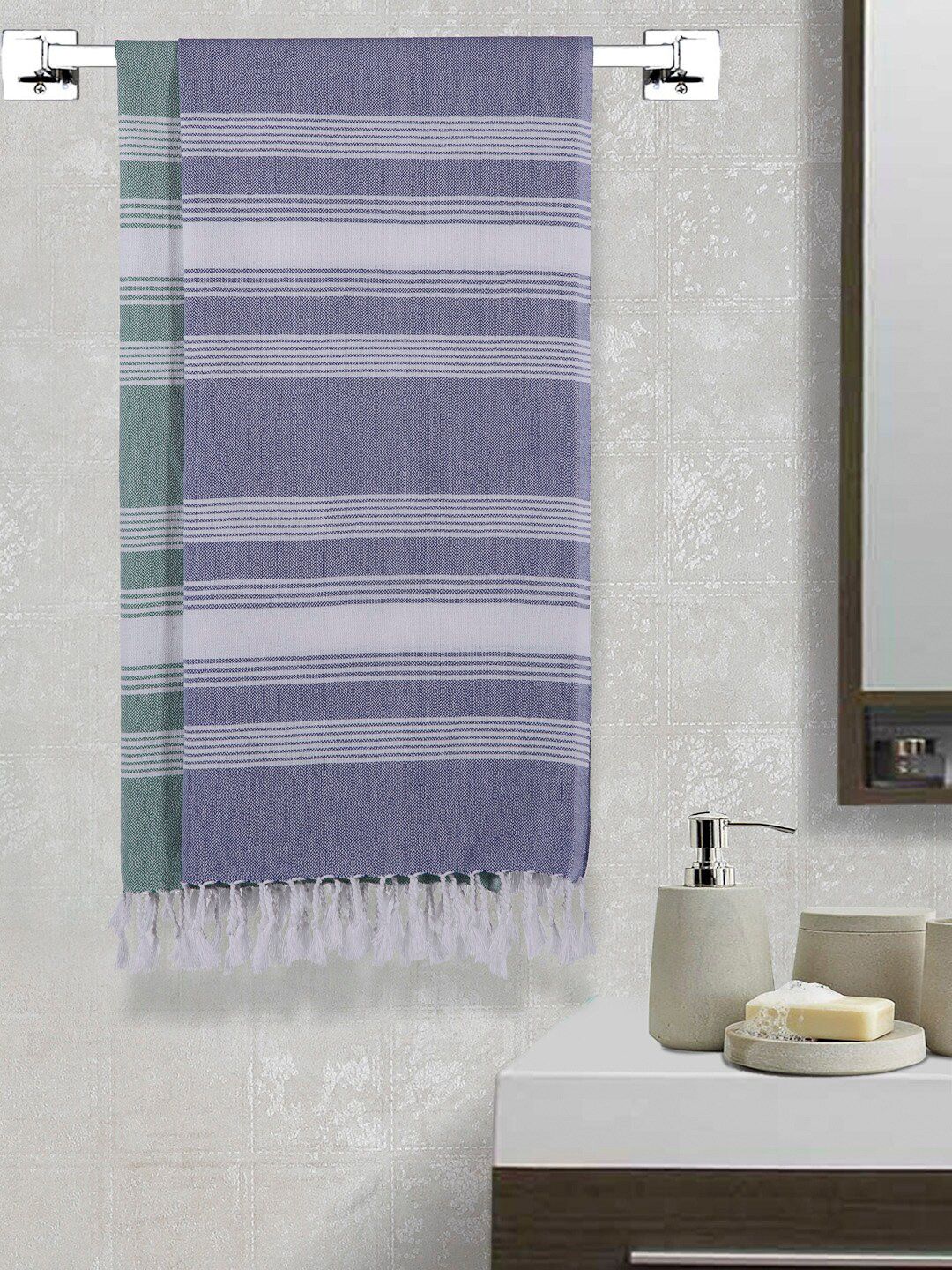 Arrabi Set Of 2 Green & Blue Striped 210 GSM Handwoven Cotton Bath Towels Price in India