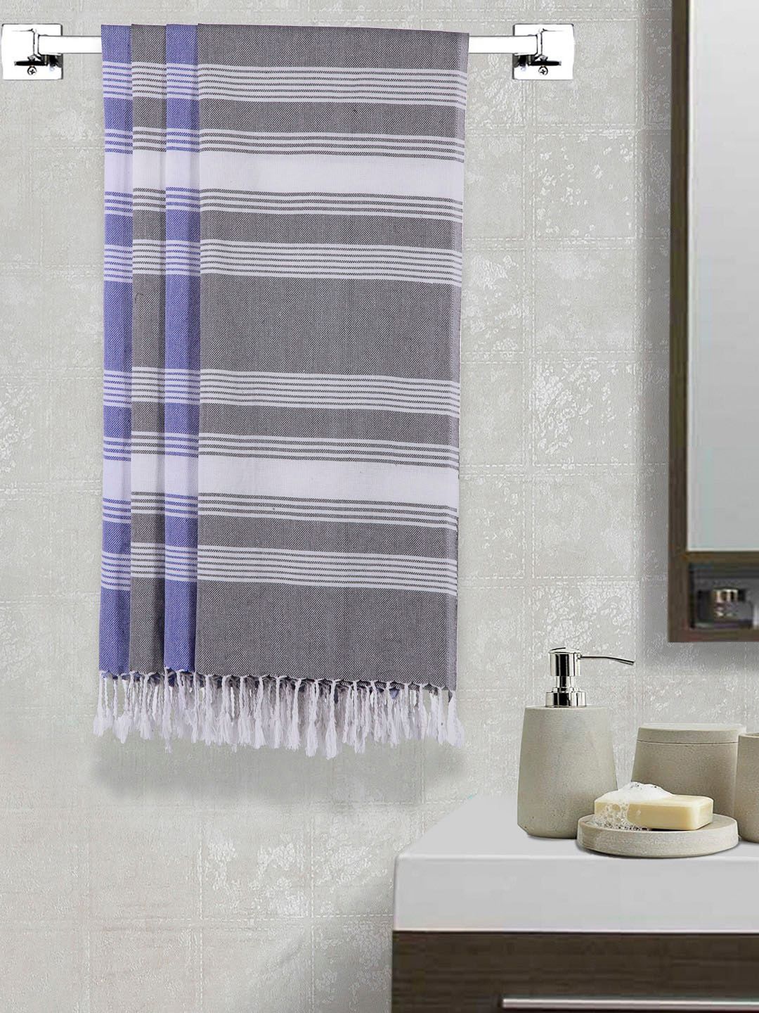 Arrabi Set Of 4 Grey & Blue Striped 210 GSM Cotton Bath Towels Price in India