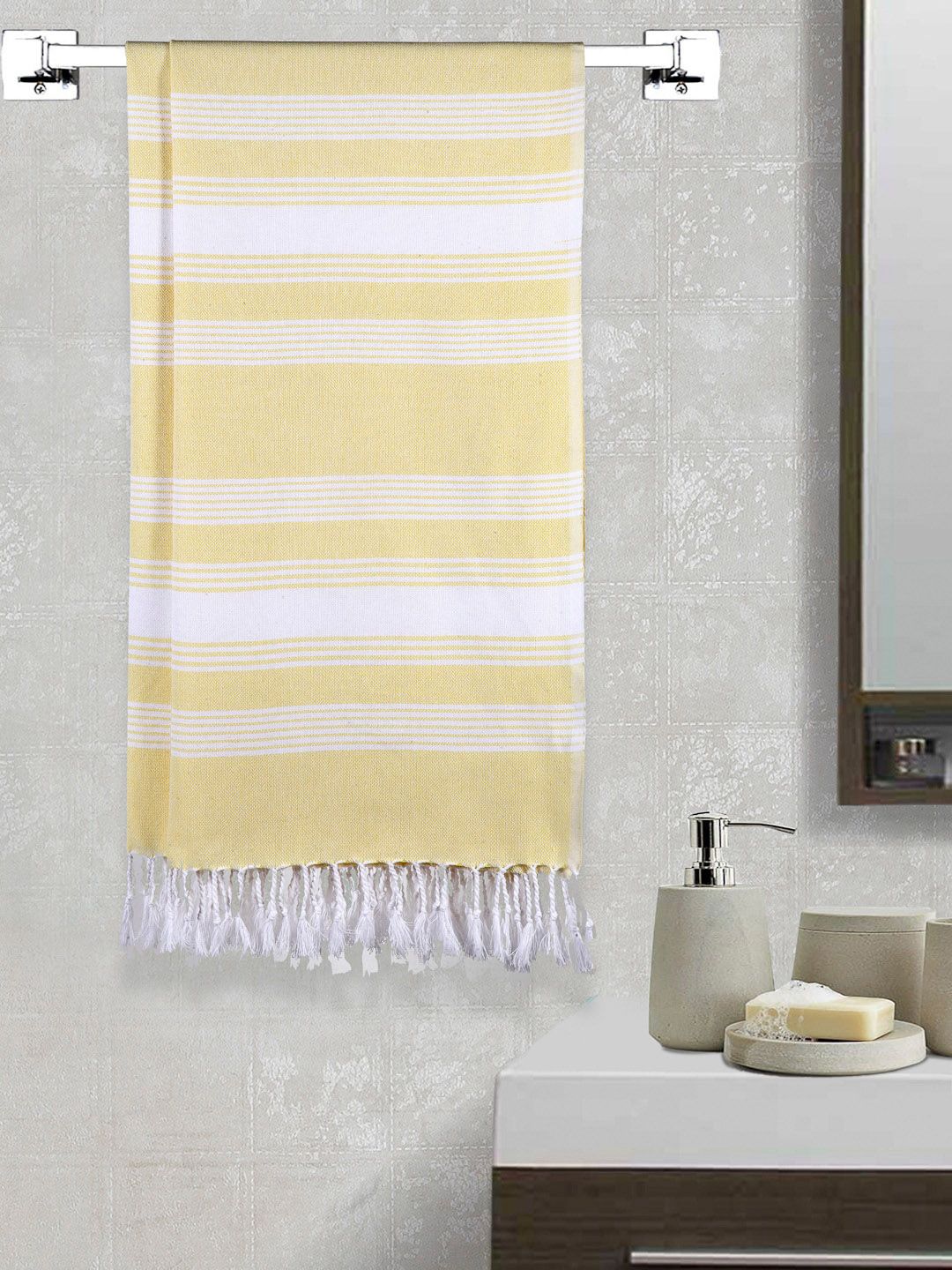 Arrabi Set Of 2 Yellow & White Striped 210 GSM Cotton Bath Towels Price in India
