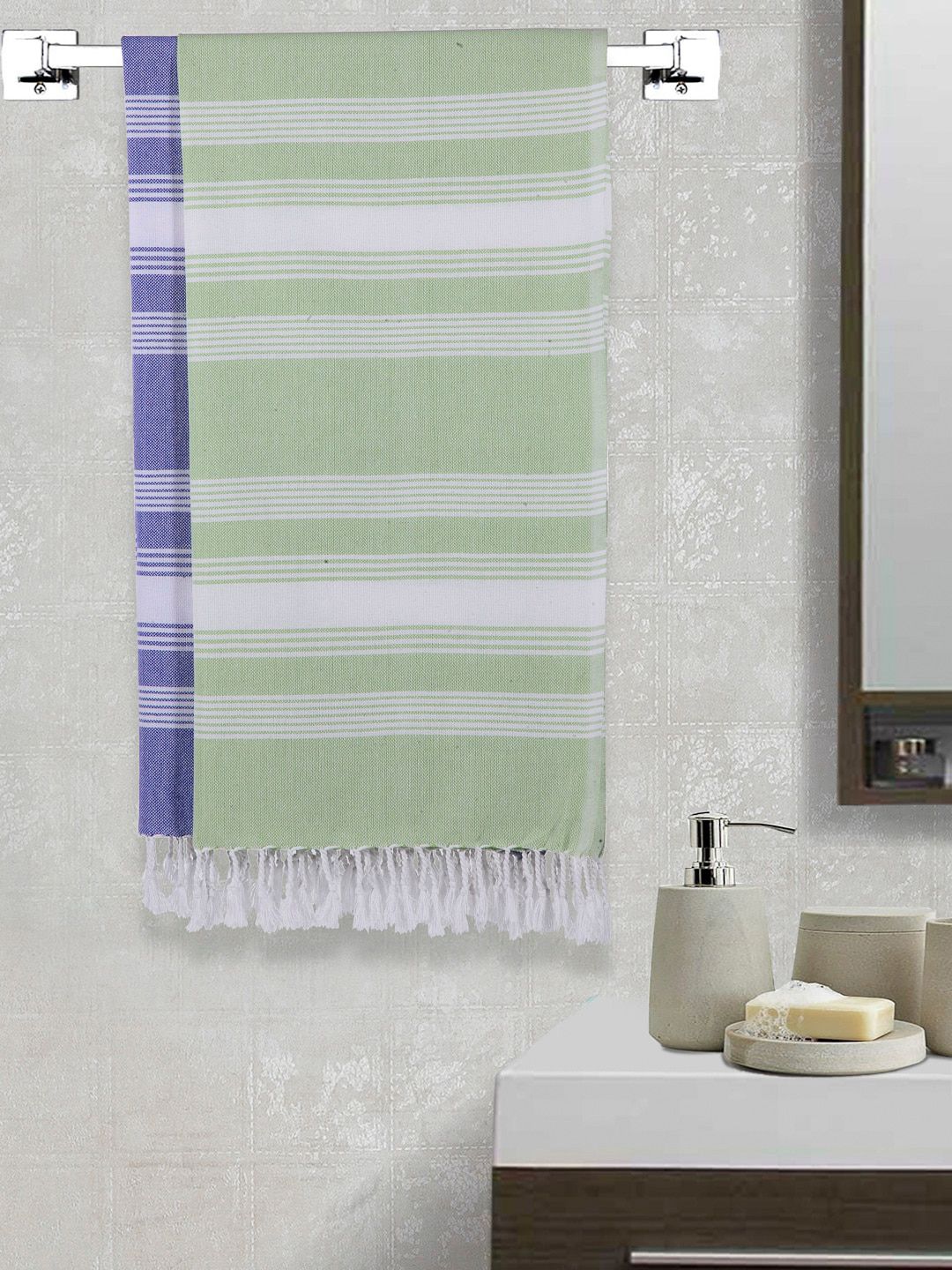 Arrabi Set Of 2 Green & Blue Striped 210 GSM Cotton Bath Towels Price in India