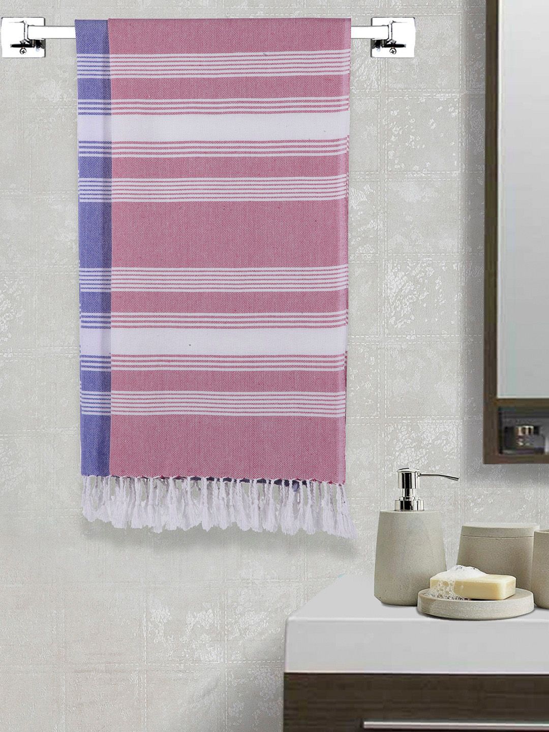 Arrabi Set Of 2 White & Pink Striped 210 GSM Cotton Bath Towels Price in India