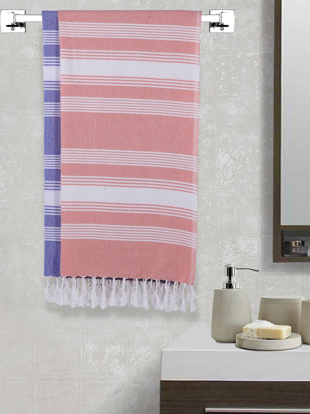 Arrabi Set Of 2 Orange & Blue Striped 210 GSM Cotton Bath Towels Price in India