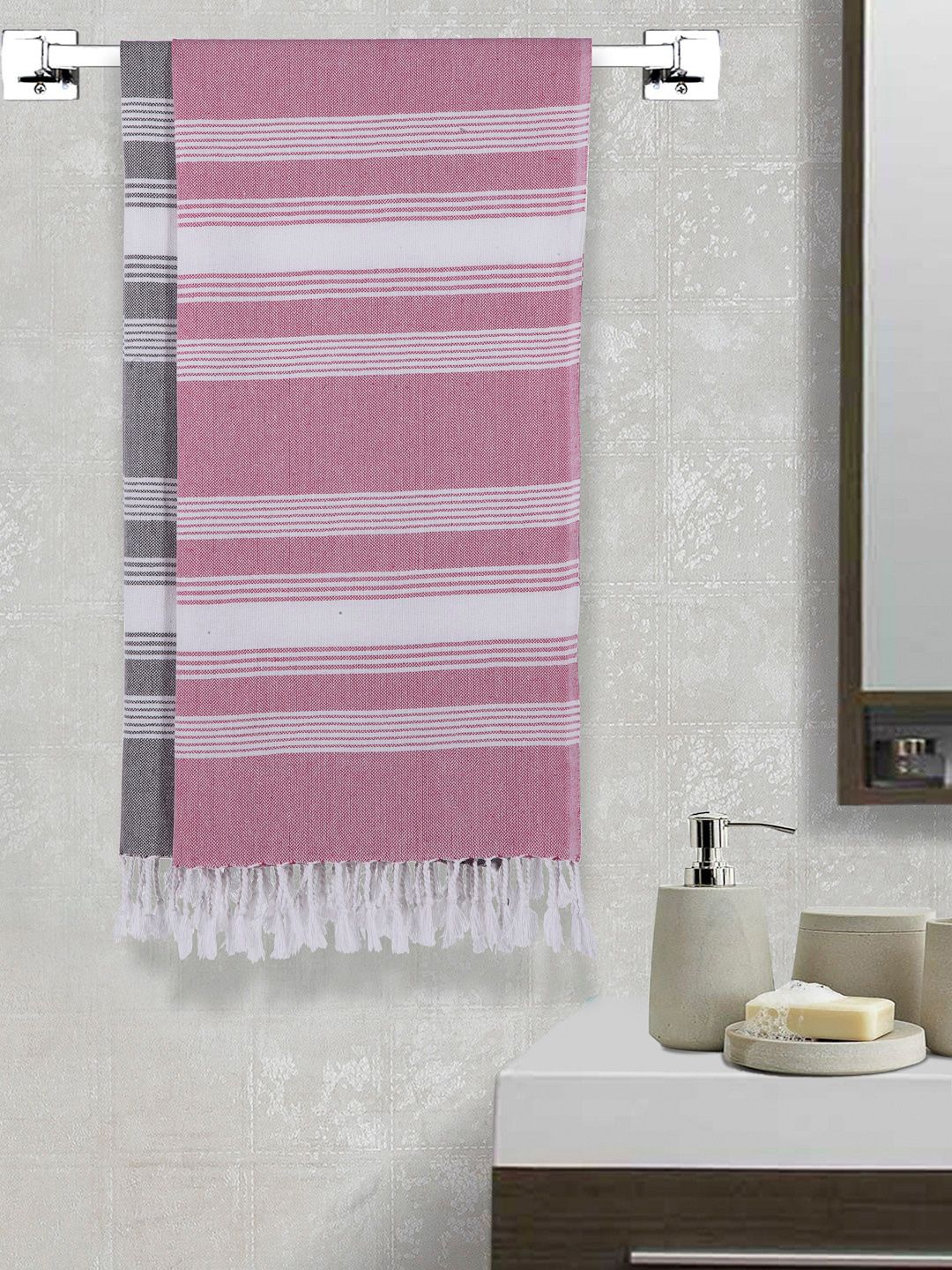 Arrabi Pink & Grey Set Of 2 Striped 210 GSM Cotton Bath Towels Price in India