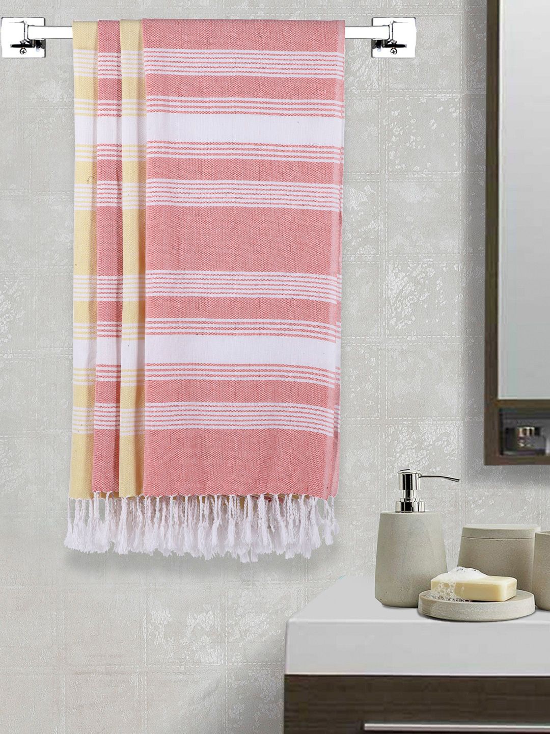 Arrabi Set Of 4 Orange & Yellow Striped 210 GSM Cotton Bath Towels Price in India