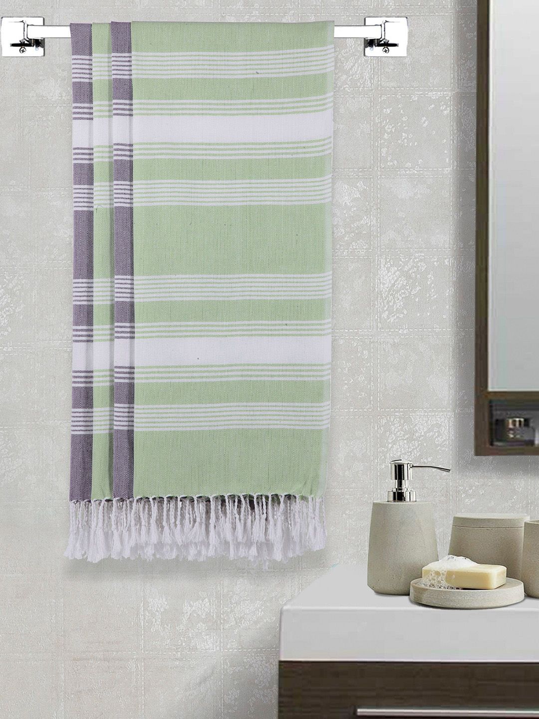Arrabi Set Of 4 White & Green Striped 210 GSM Cotton Bath Towels Price in India