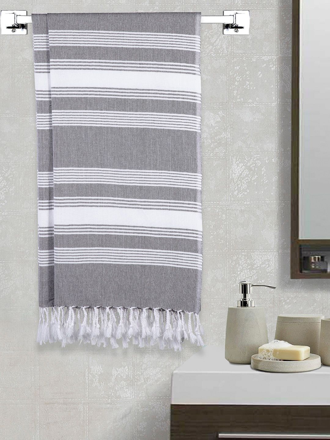 Arrabi Set Of 2 Grey & White Striped 210 GSM Cotton Handwoven Bath Towels Price in India