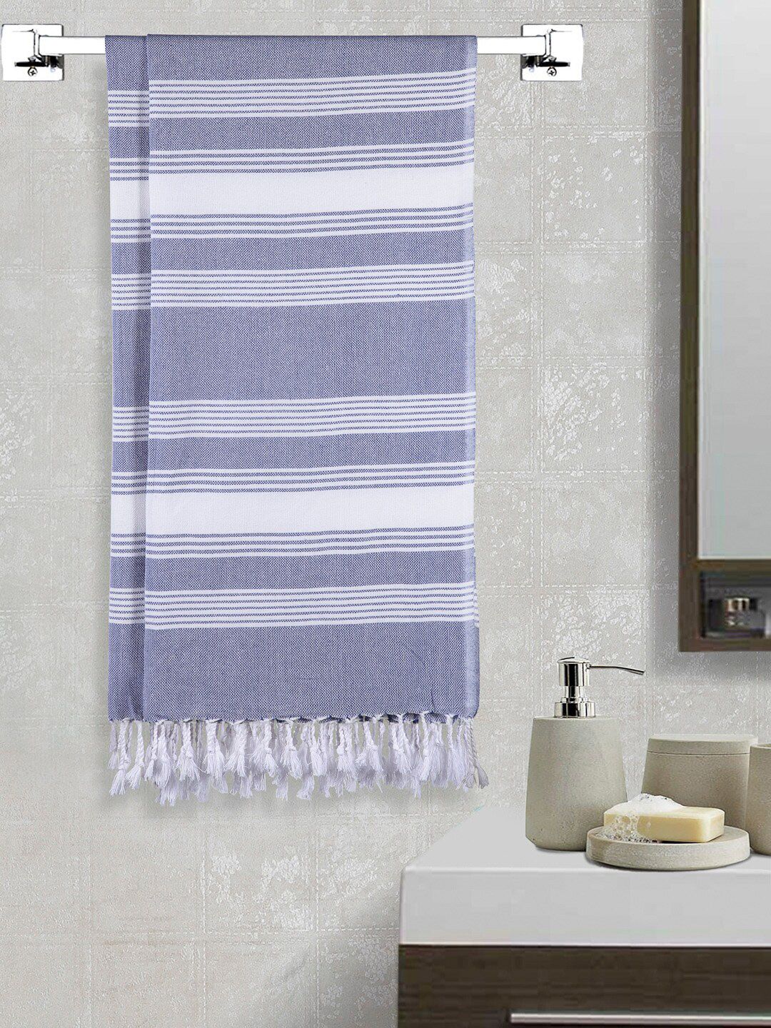 Arrabi Set Of 2 Blue & White Striped 210 GSM Handwoven Cotton Bath Towels Price in India