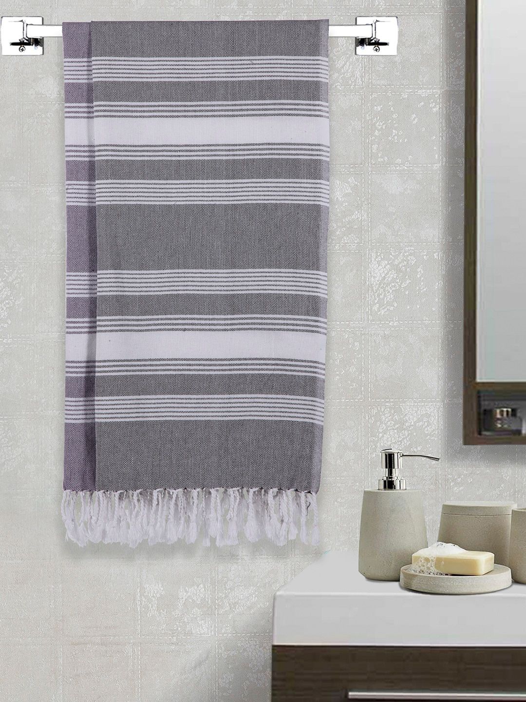 Arrabi Set Of 2 Grey & White Striped 210 GSM Cotton Bath Towels Price in India
