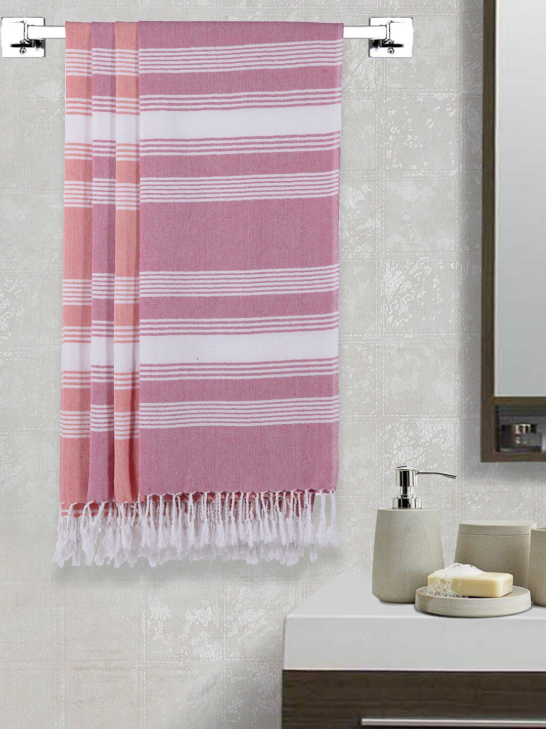 Arrabi Set Of 4 Coral-Coloured & White Striped 210 GSM Cotton Bath Towels Price in India