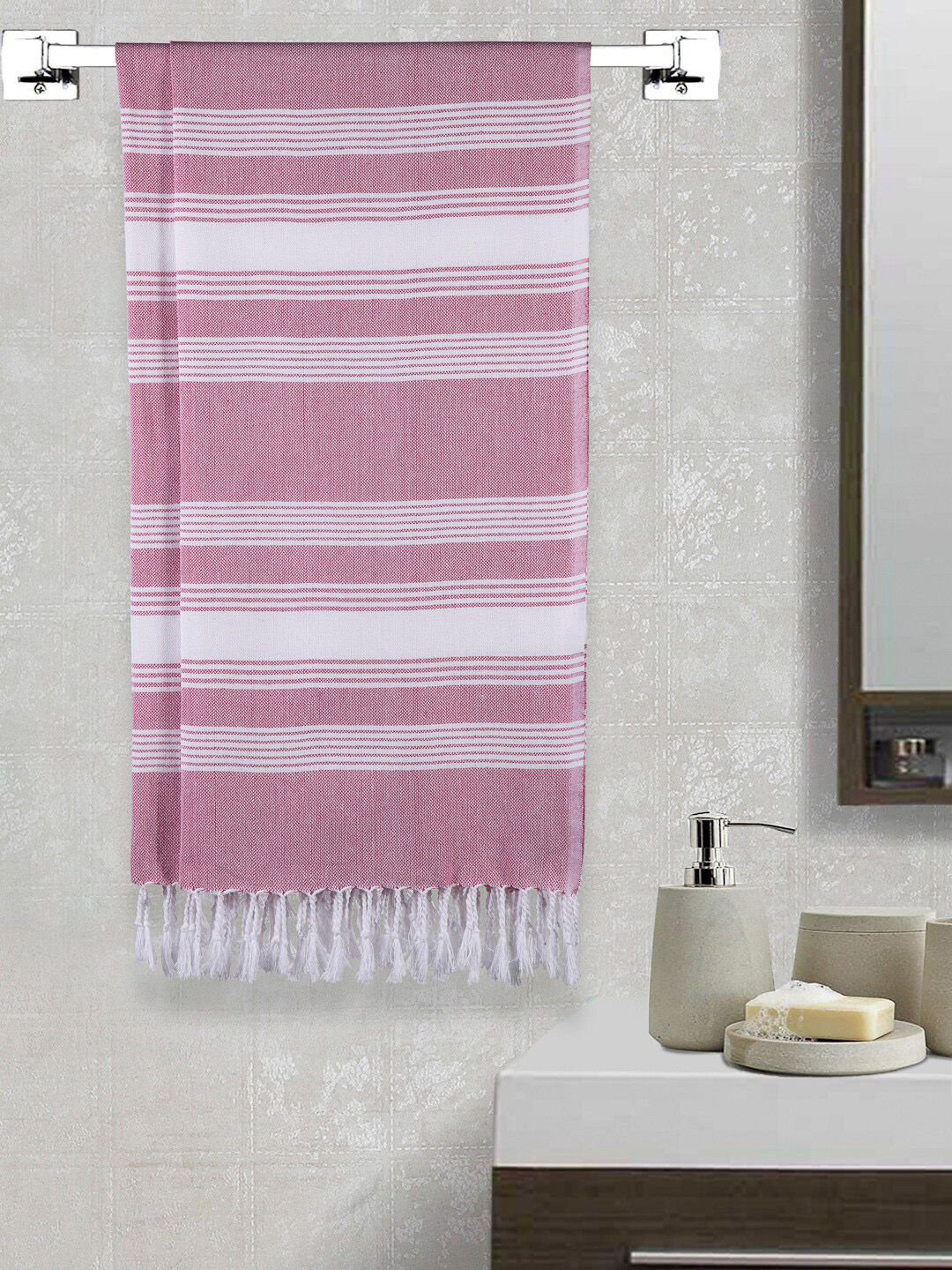 Arrabi Pink & White Set Of 2 Striped 210 GSM Cotton Bath Towels Price in India