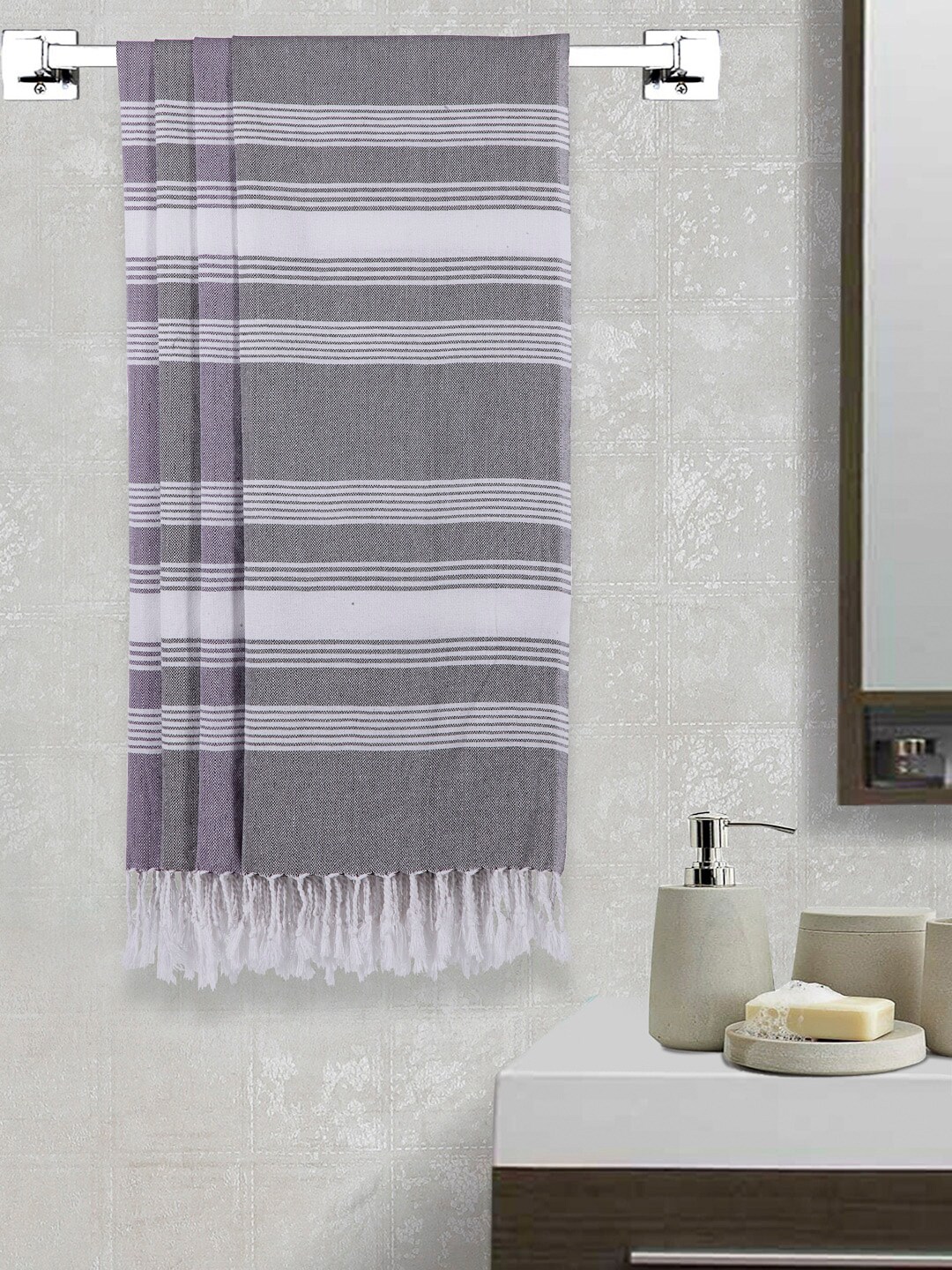 Arrabi Set Of 4 Grey & White Striped 210 GSM Cotton Bath Towels Price in India