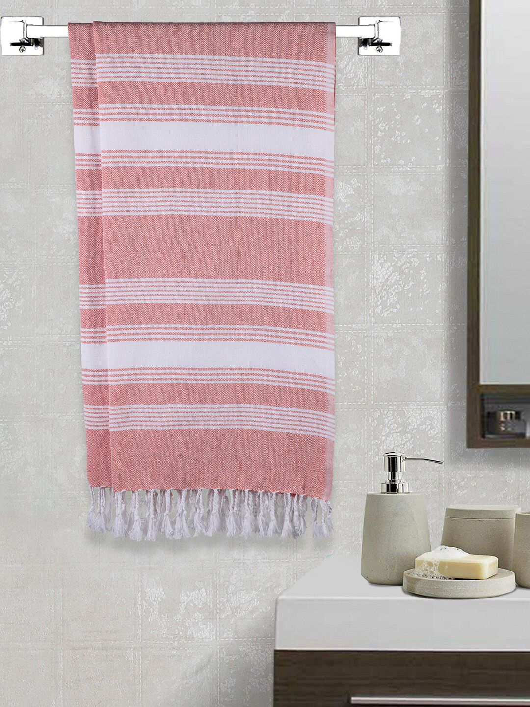 Arrabi Set Of 2 Orange & White Striped 210 GSM Cotton Handwoven Bath Towels Price in India