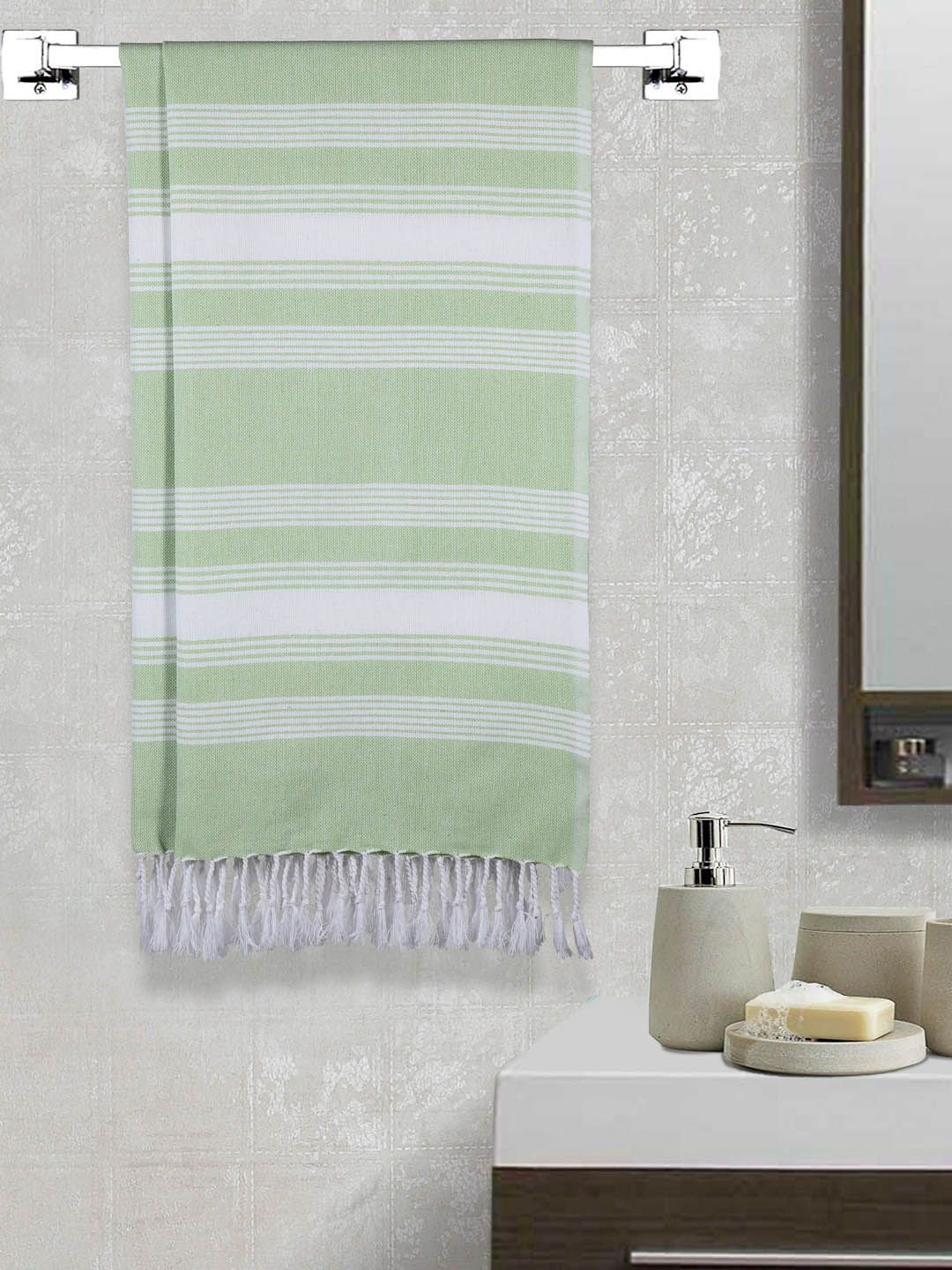 Arrabi Set Of 2 Green & White Striped 210 GSM Cotton Bath Towels Price in India