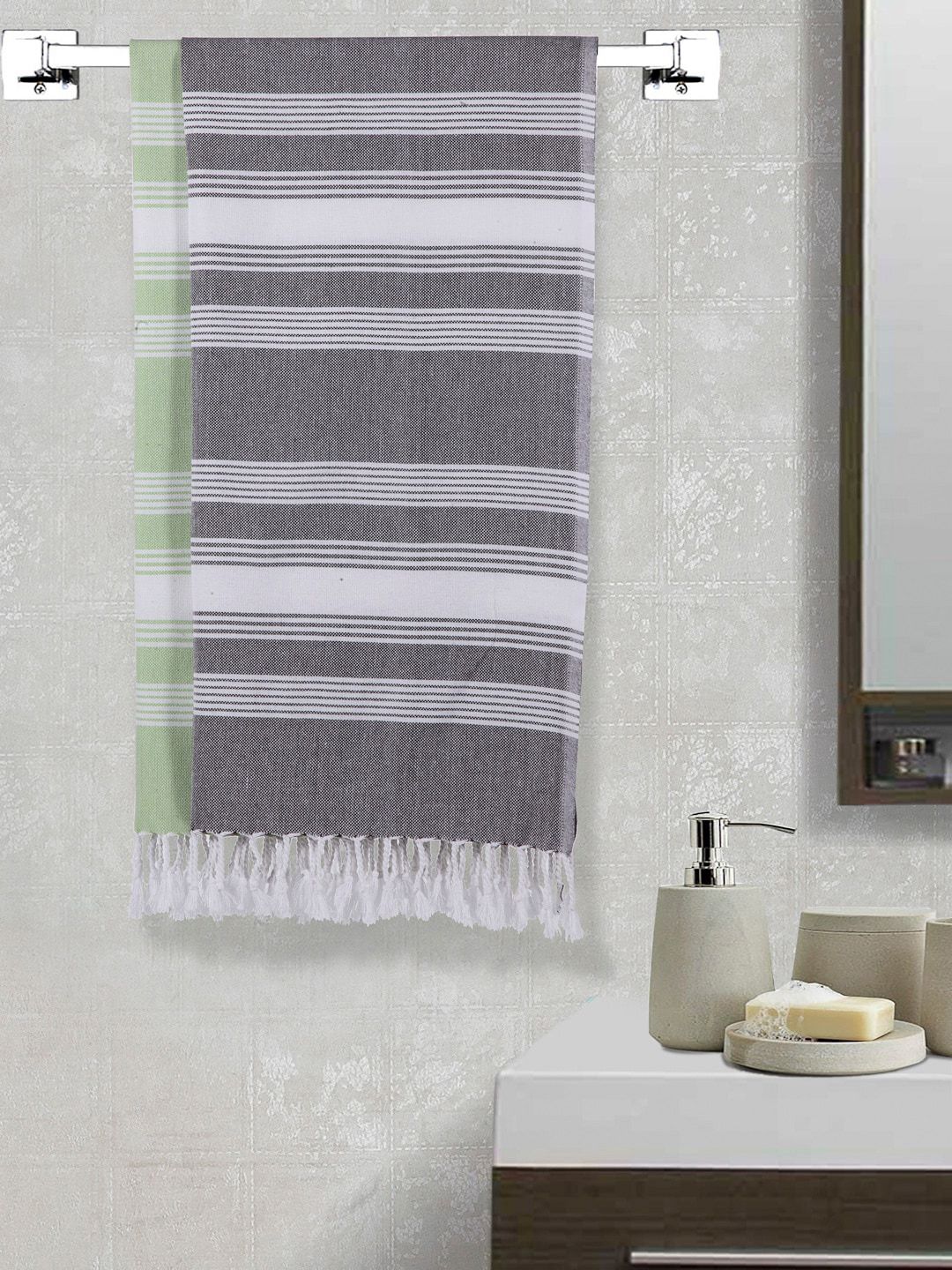 Arrabi Set Of 2 Grey & Green Striped Cotton 210 GSM Bath Towel Price in India