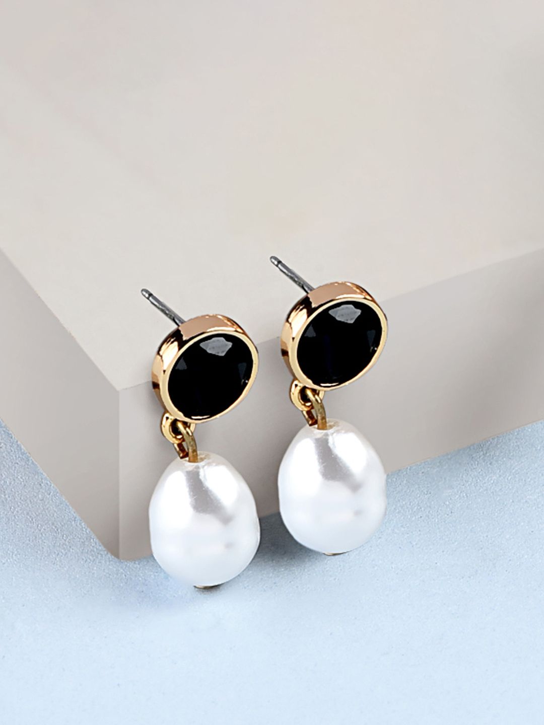 AMI Gold-Plated Black & White Pearl Beaded Contemporary Drop Earrings Price in India