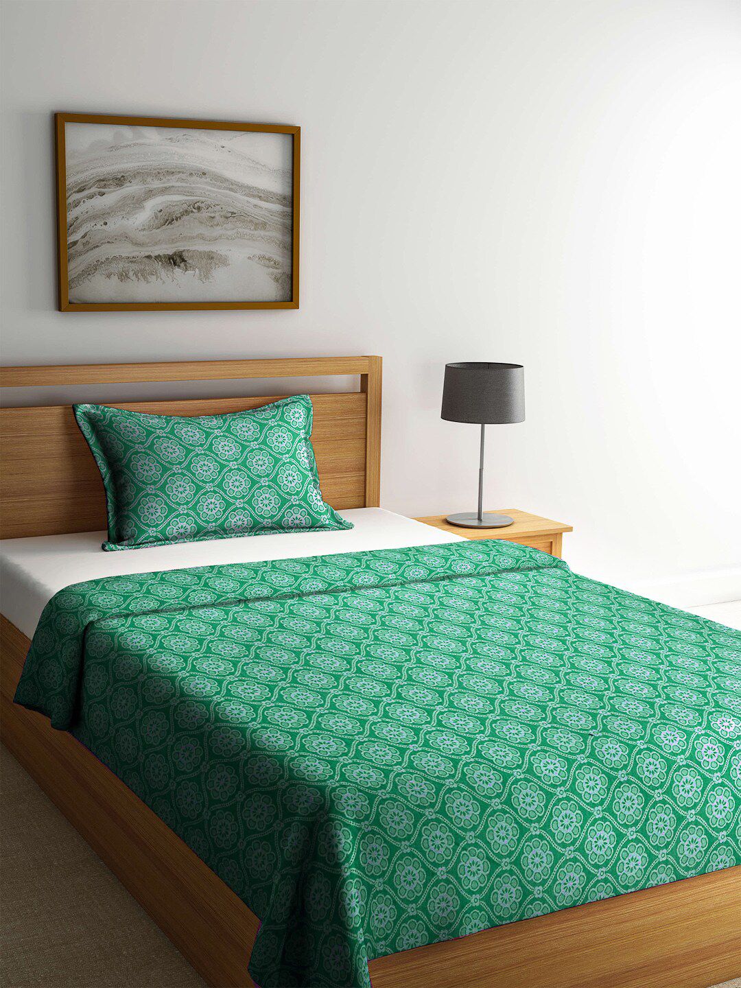 KLOTTHE Green & Blue Woven Design Cotton Single Bedcover With Pillow Cover Price in India