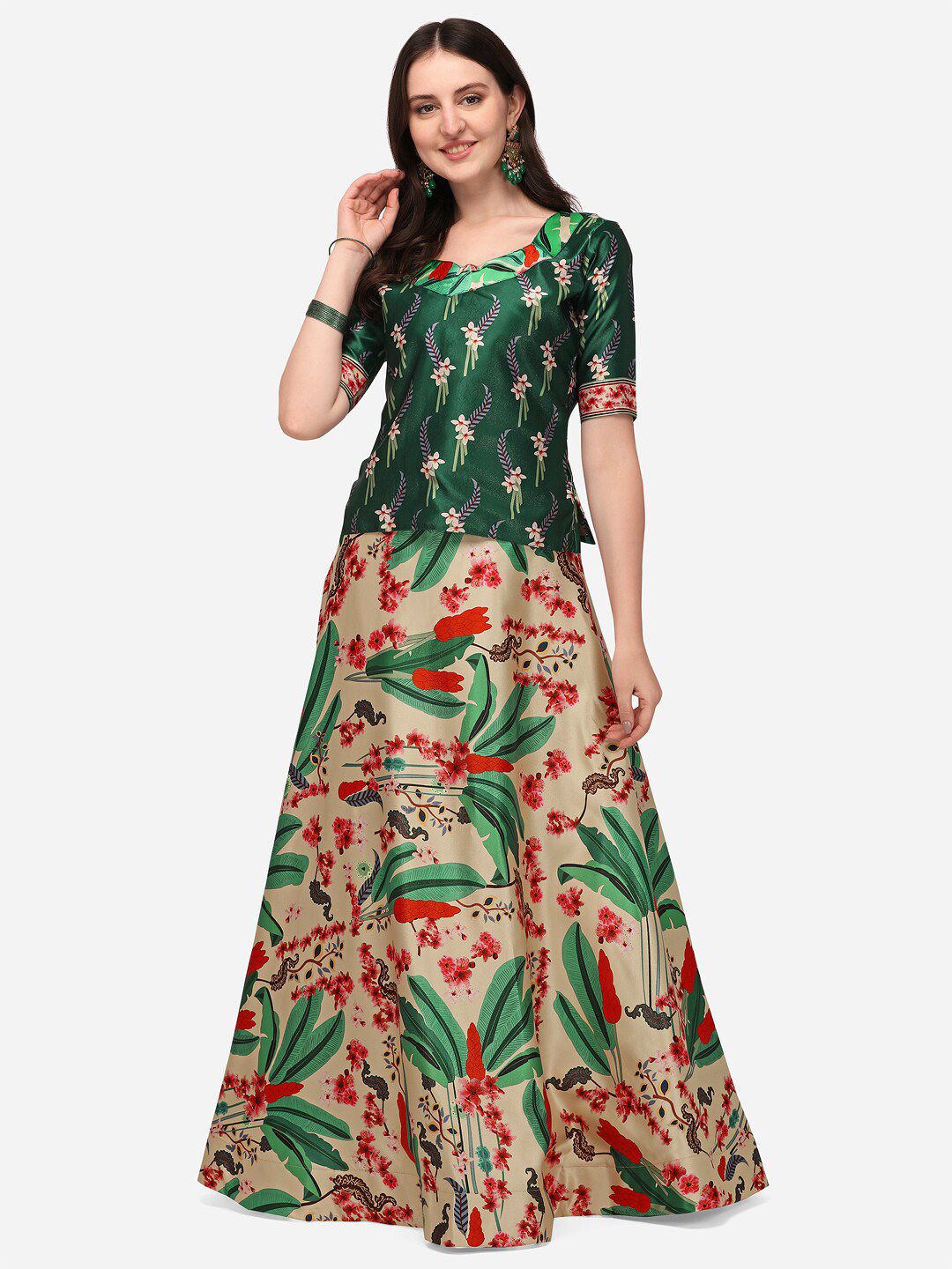 RAJGRANTH Cream-Coloured & Green Printed Semi-Stitched Lehenga & Unstitched Blouse Price in India