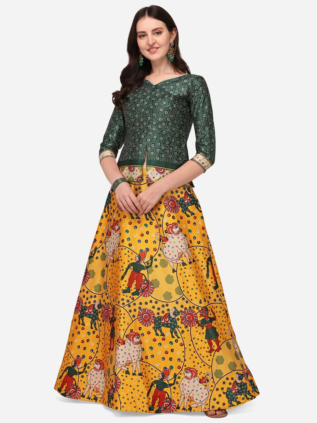 RAJGRANTH Green & Yellow Printed Semi-Stitched Lehenga & Unstitched Blouse Price in India
