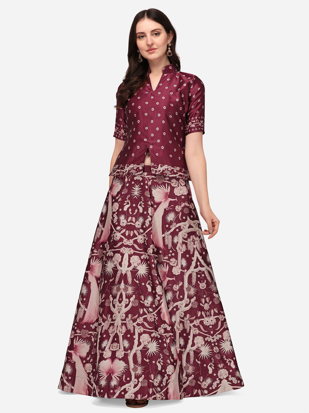 RAJGRANTH Maroon & White Printed Semi-Stitched Lehenga & Unstitched Price in India