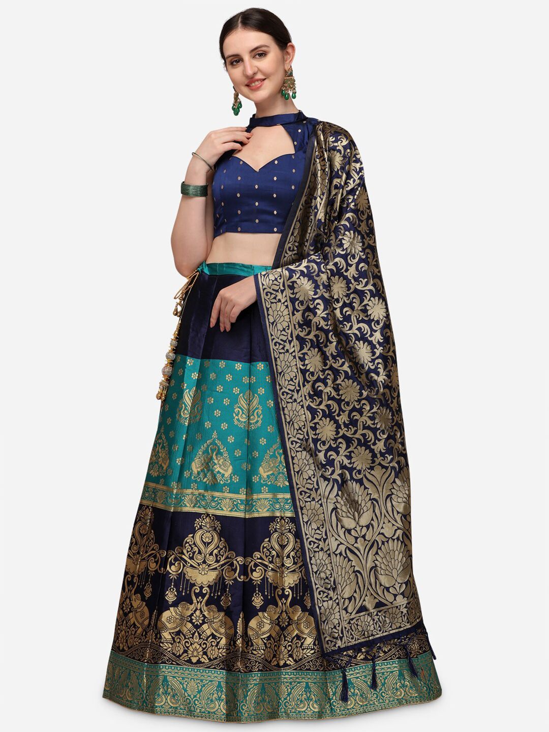 Mameraa Green & Navy Blue Semi-Stitched Lehenga & Unstitched Blouse With Dupatta Price in India