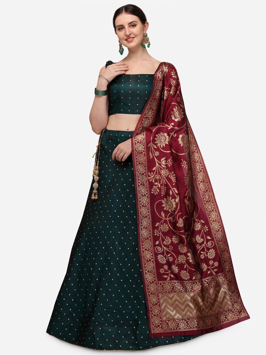 Mameraa Green & Maroon Semi-Stitched Lehenga & Unstitched Blouse With Dupatta Price in India