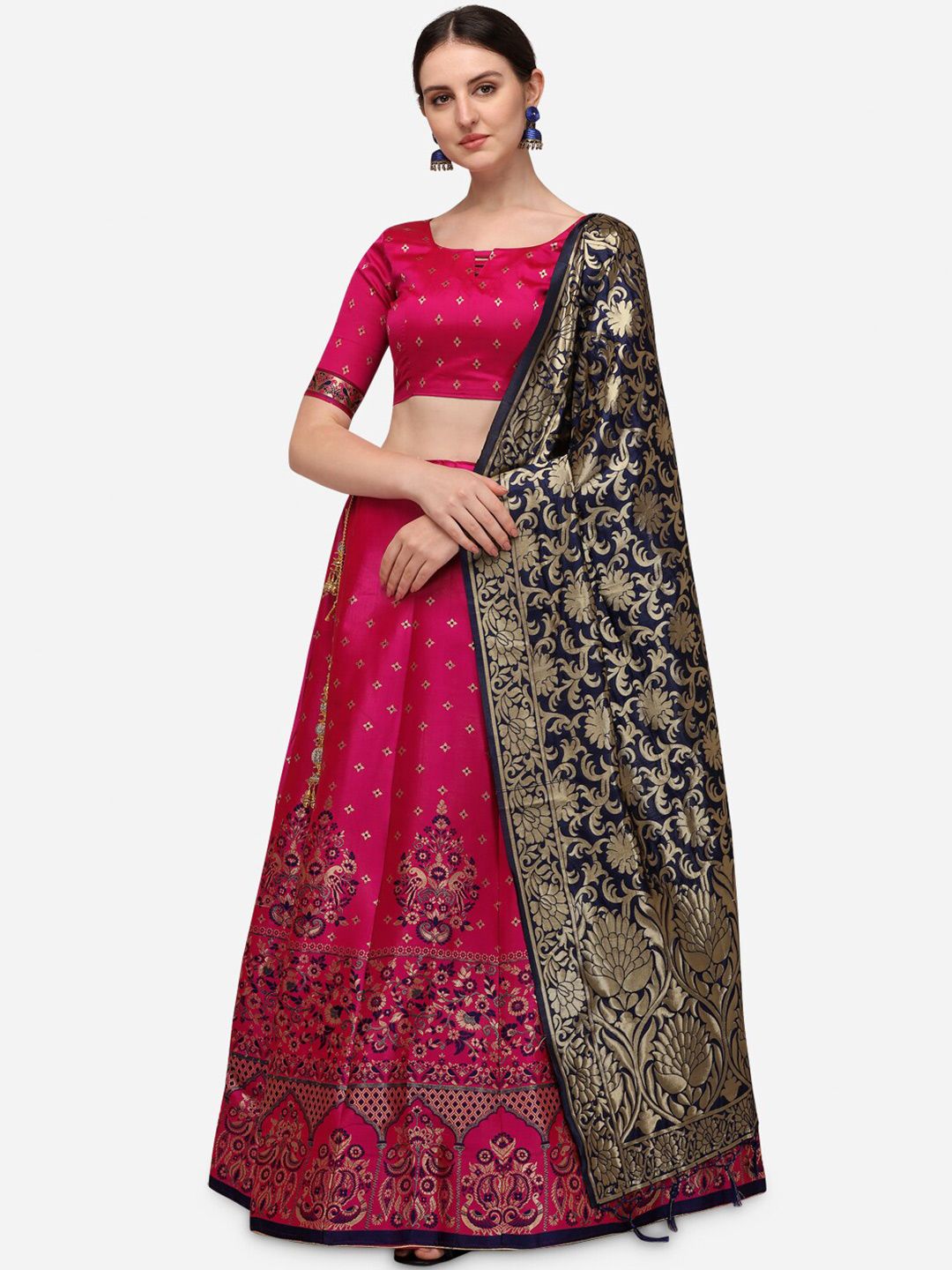 Mameraa Pink & Gold-Toned Semi-Stitched Lehenga & Unstitched Blouse With Dupatta Price in India