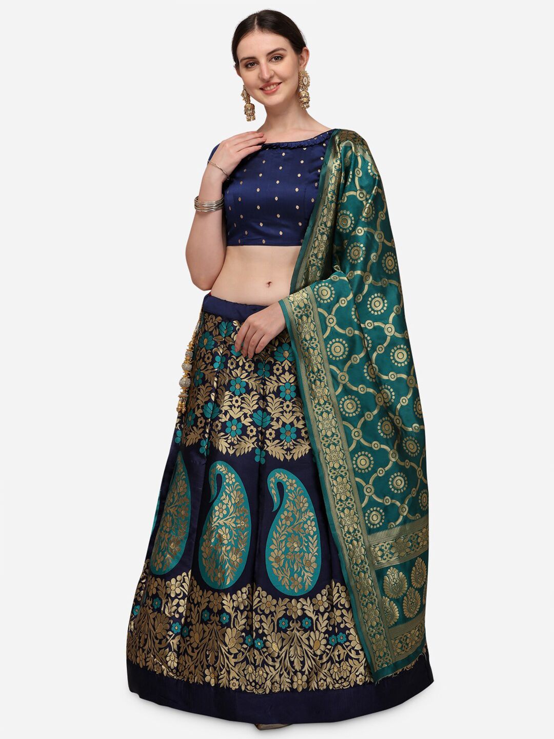 Mameraa Women Turquoise Blue Semi-Stitched Lehenga & Unstitched Blouse With Dupatta Price in India