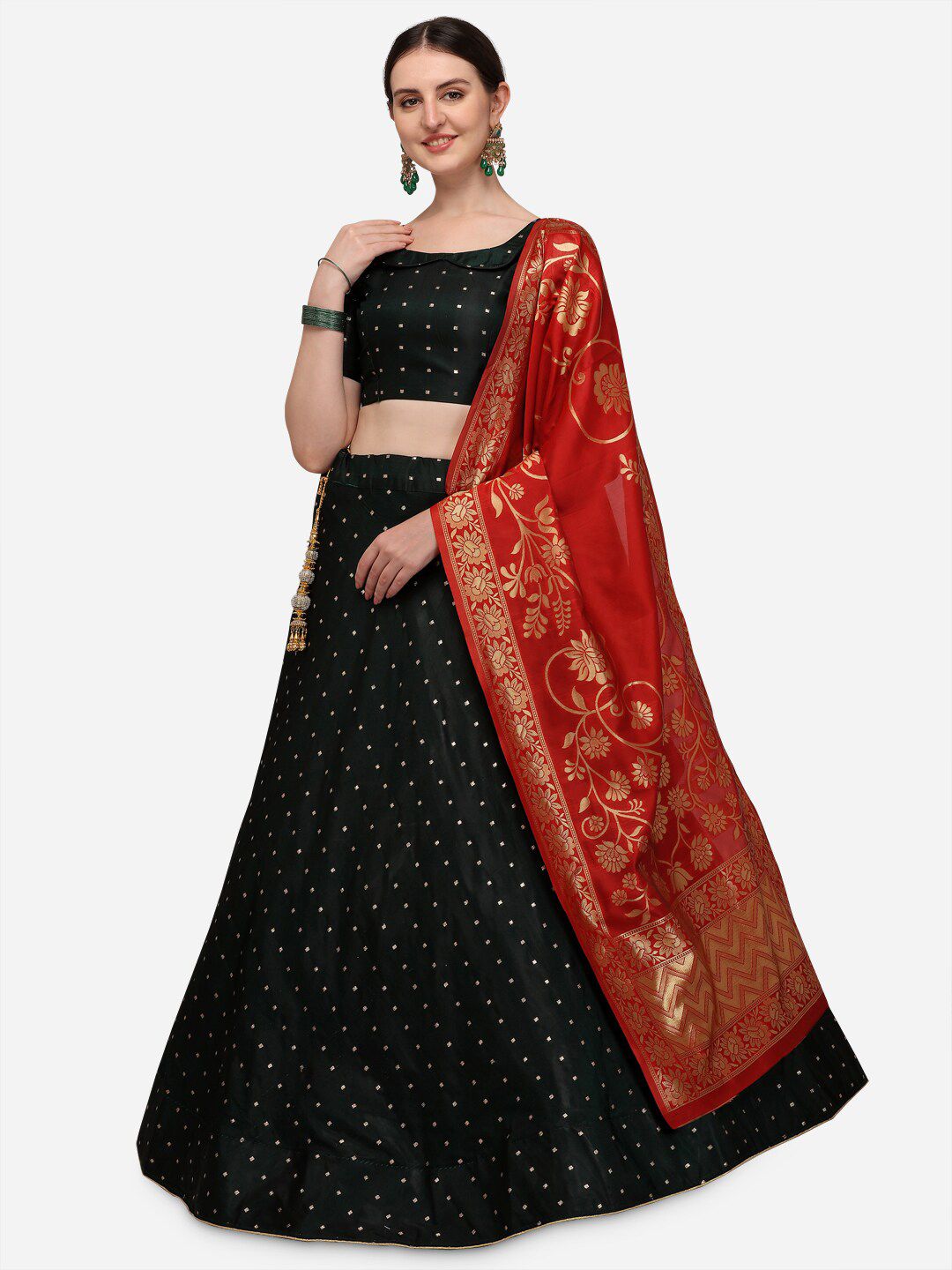 Mameraa Green & Red Embellished Semi-Stitched Lehenga & Unstitched Blouse With Dupatta Price in India