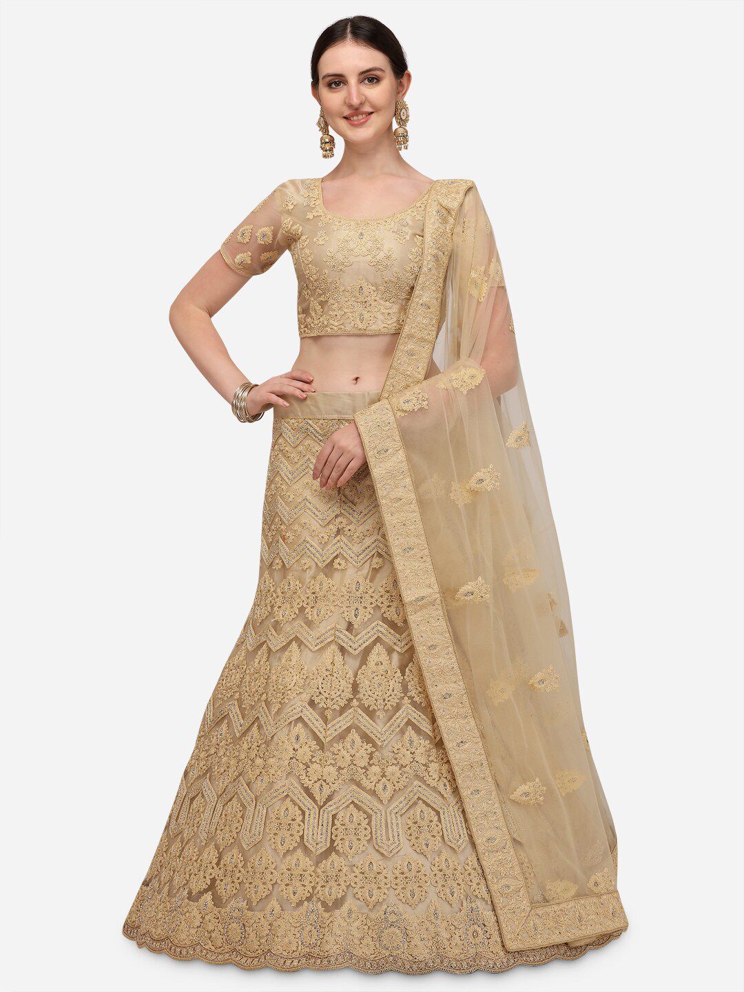 Mameraa Beige Embroidered Beads and Stones Semi-Stitched Lehenga & Unstitched Blouse With Dupatta Price in India