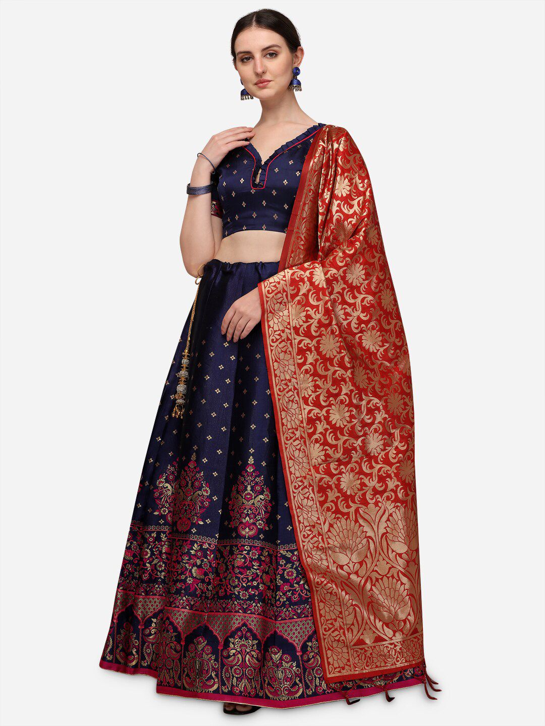 Mameraa Blue & Red Woven Design Semi-Stitched Lehenga & Unstitched Blouse With Dupatta Price in India