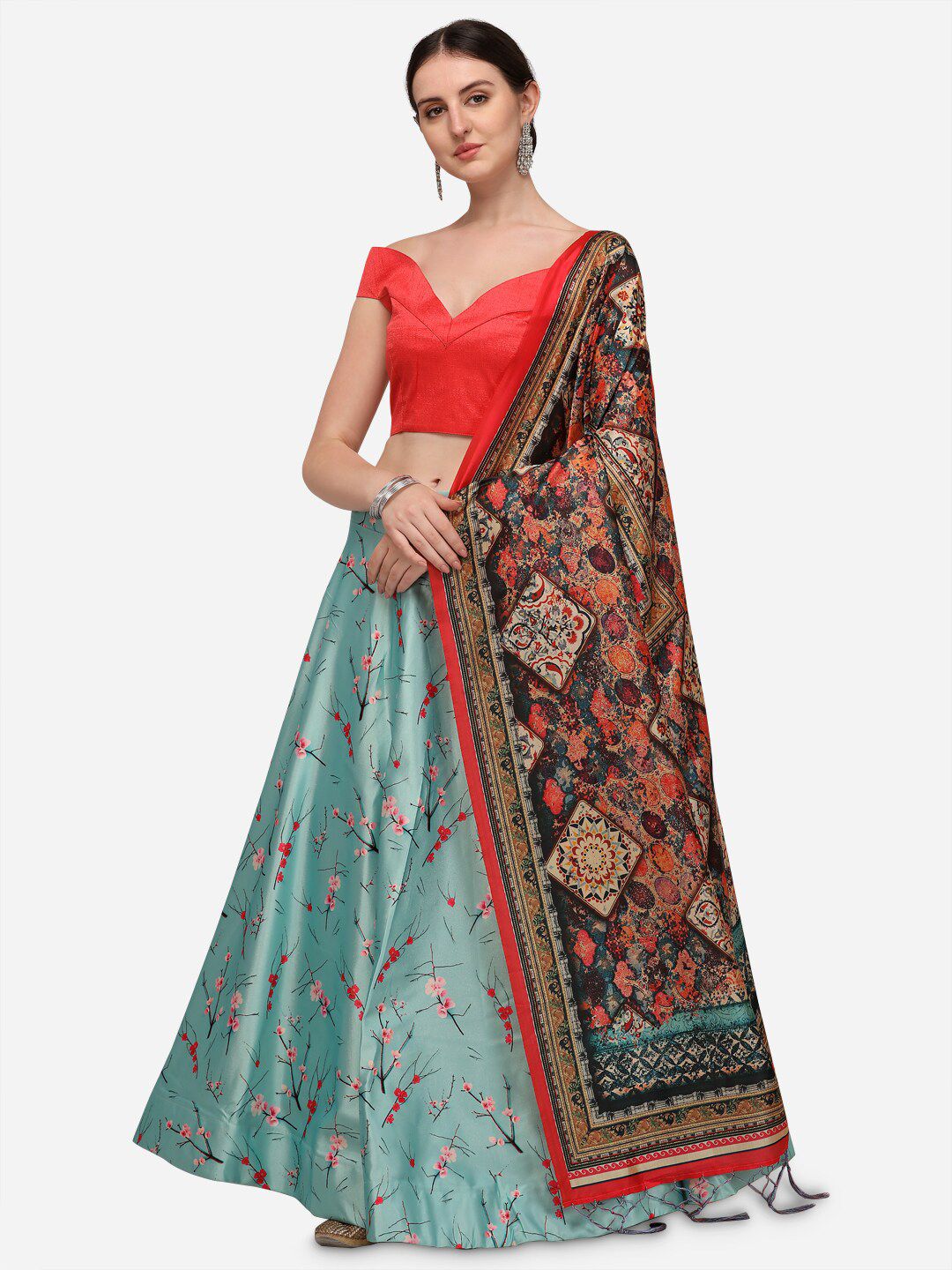 Mameraa Pink & Teal Printed Semi-Stitched Lehenga & Unstitched Blouse With Dupatta Price in India