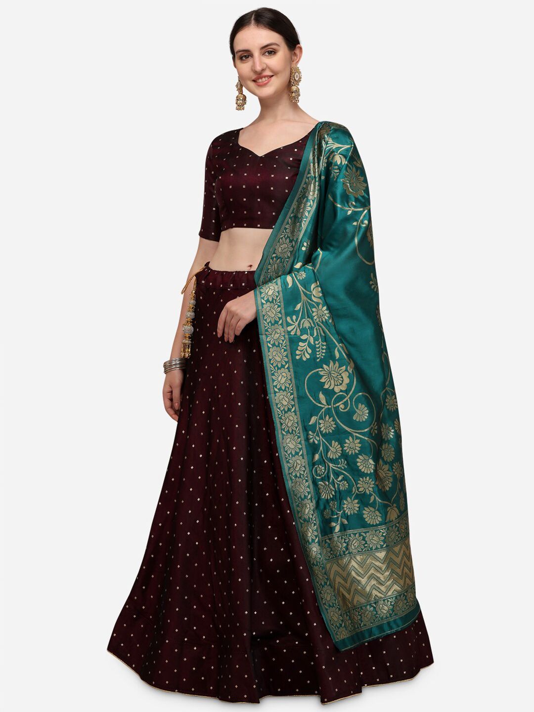 Mameraa Purple & Blue Embellished Semi-Stitched Lehenga & Unstitched Blouse With Dupatta Price in India