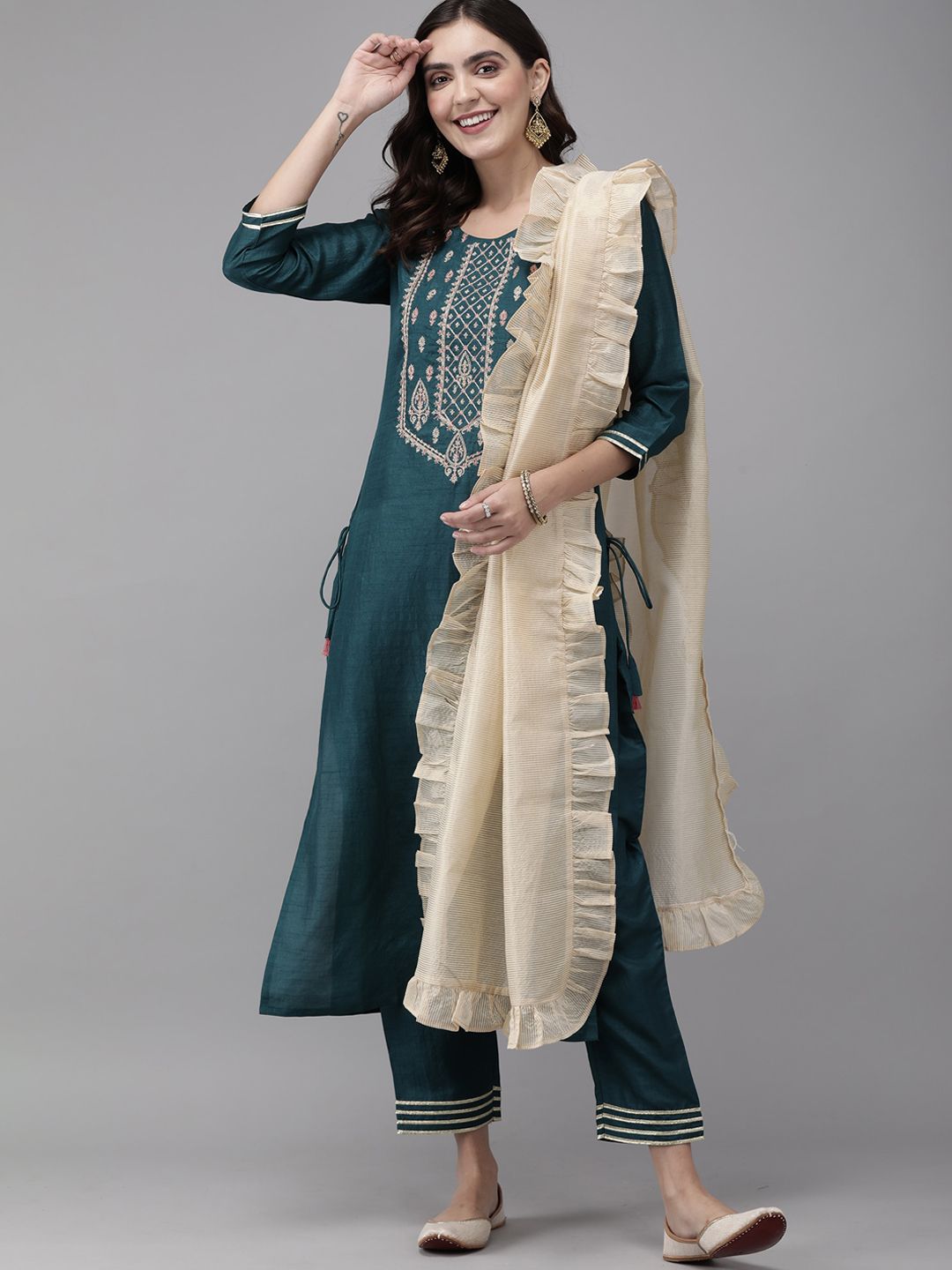 Indo Era Women Blue & Beige Ethnic Motifs Embroidered Kurta with Palazzos & With Dupatta Price in India